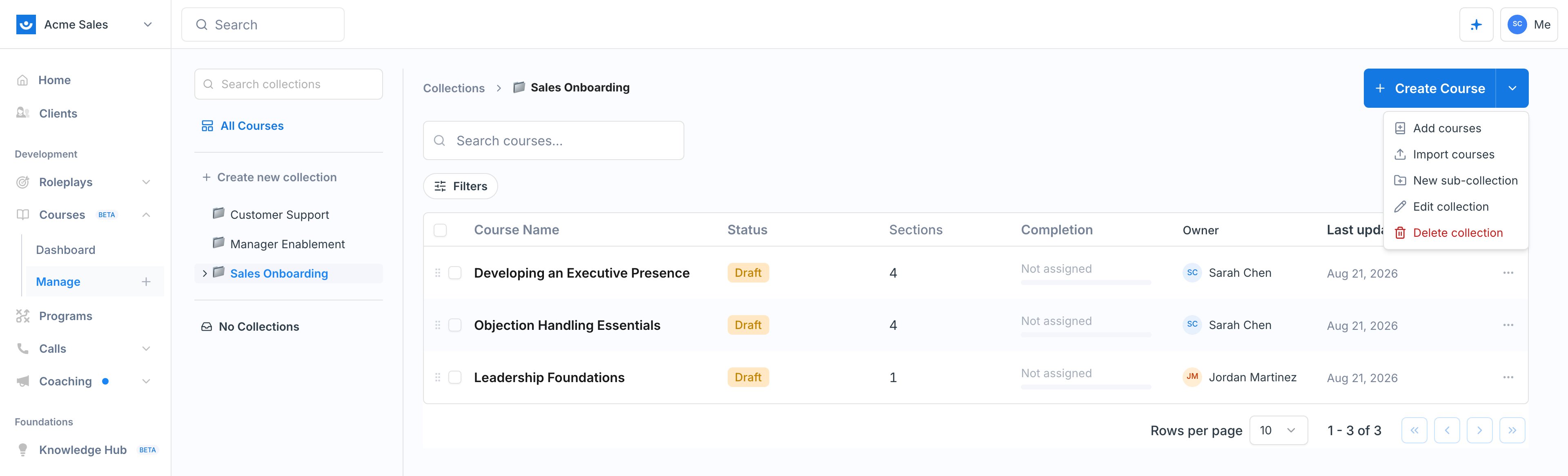 The collection actions menu showing Add courses, Import courses, New sub-collection, Edit collection, and Delete collection