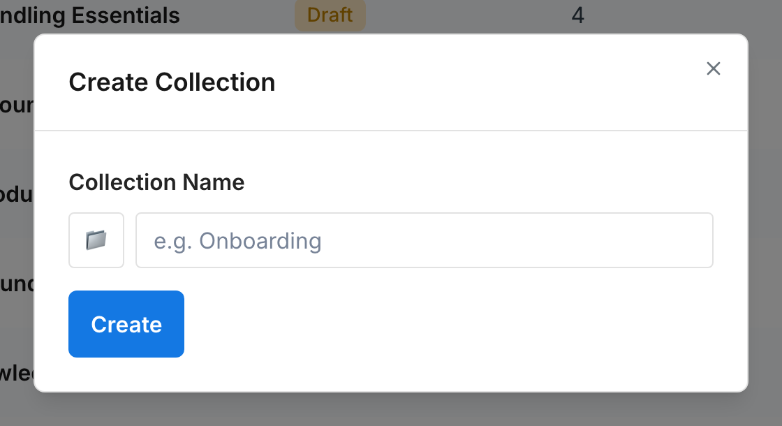 The Create Collection dialog with an emoji picker and a Collection Name field
