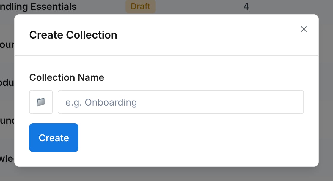 The Create Collection dialog with an emoji picker and a Collection Name field