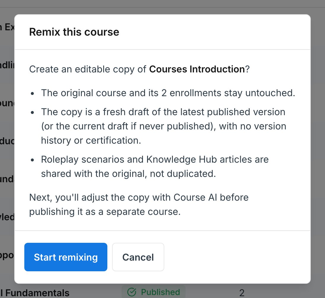 The Remix this course dialog explaining what the copy includes and excludes