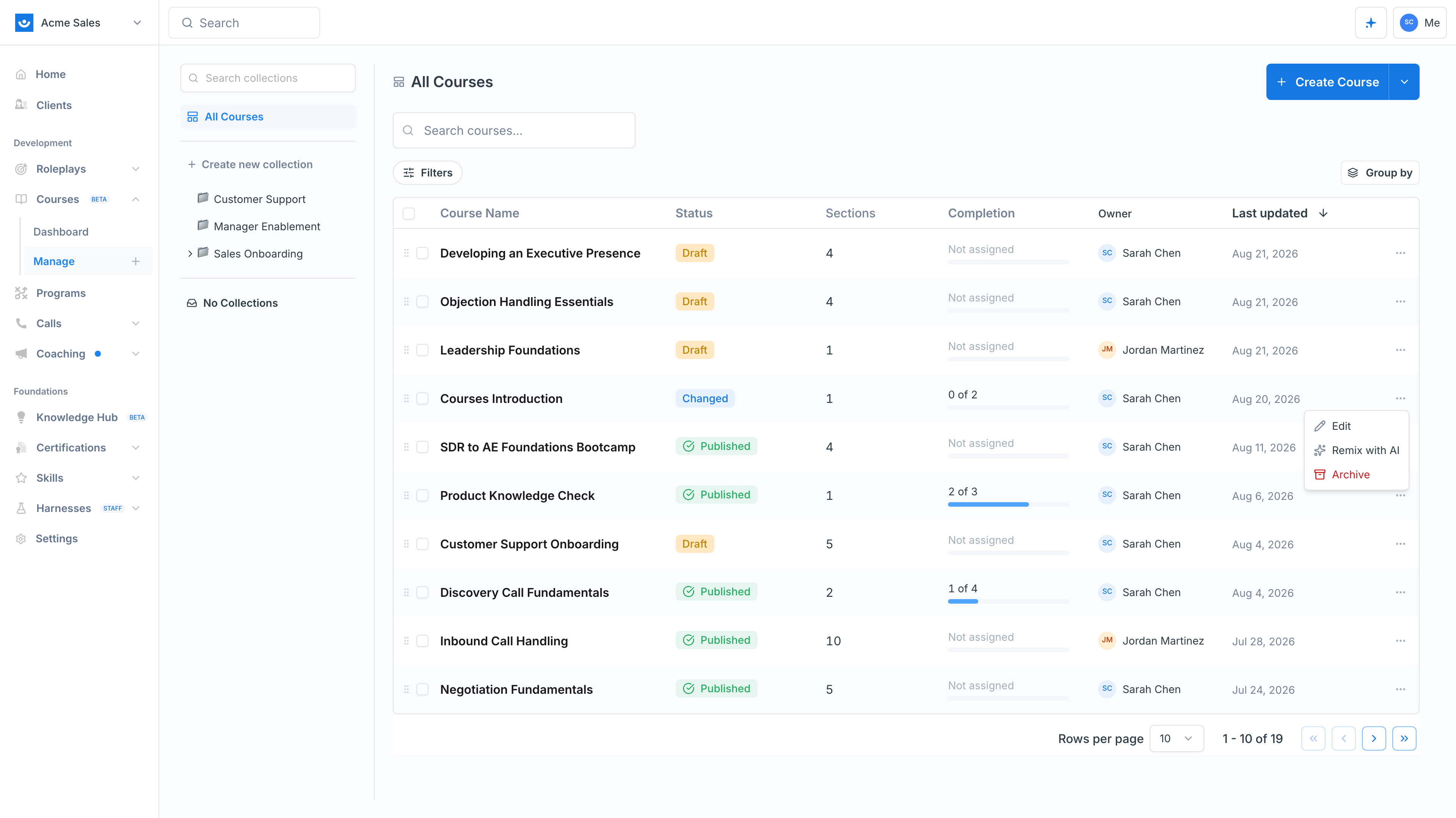 The course row actions menu open, showing Edit, Remix with AI, and Archive