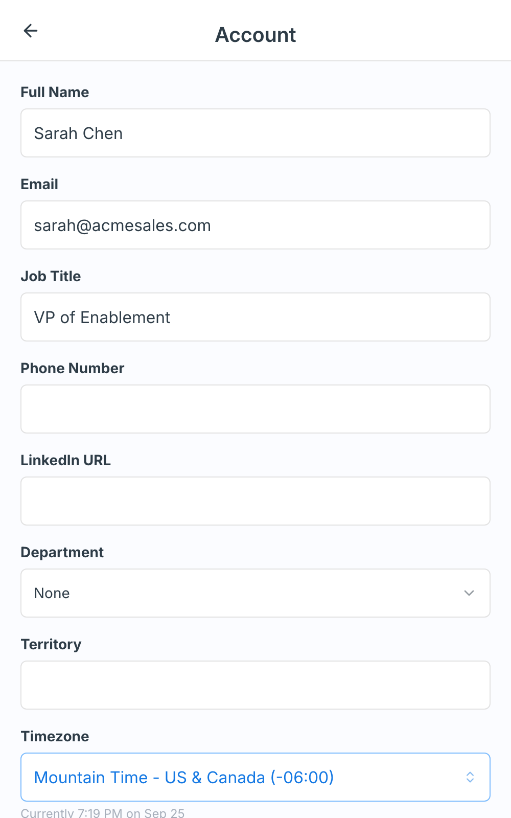 The Account panel showing built-in details followed by the Department dropdown and Territory text field