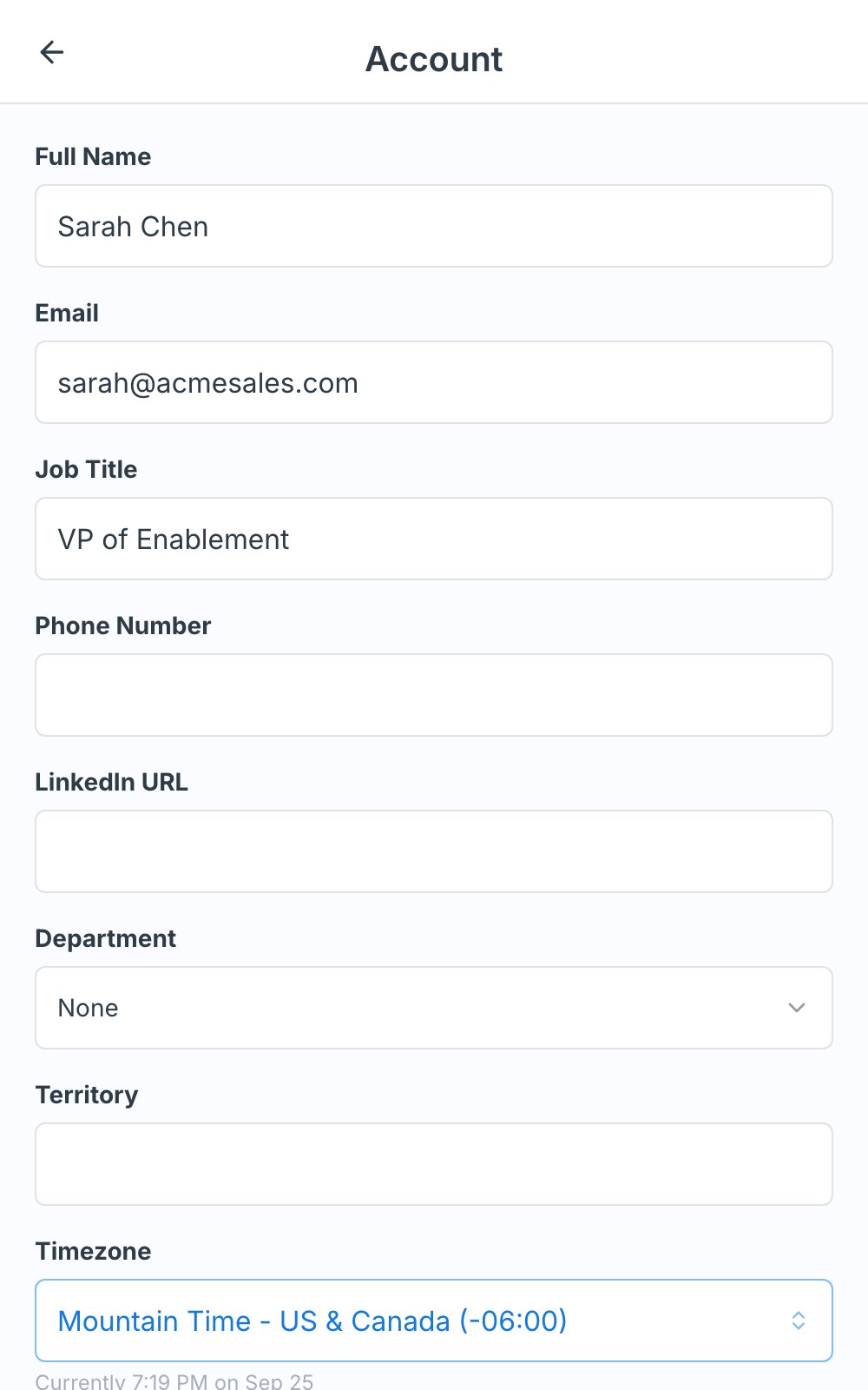 The Account panel showing built-in details followed by the Department dropdown and Territory text field