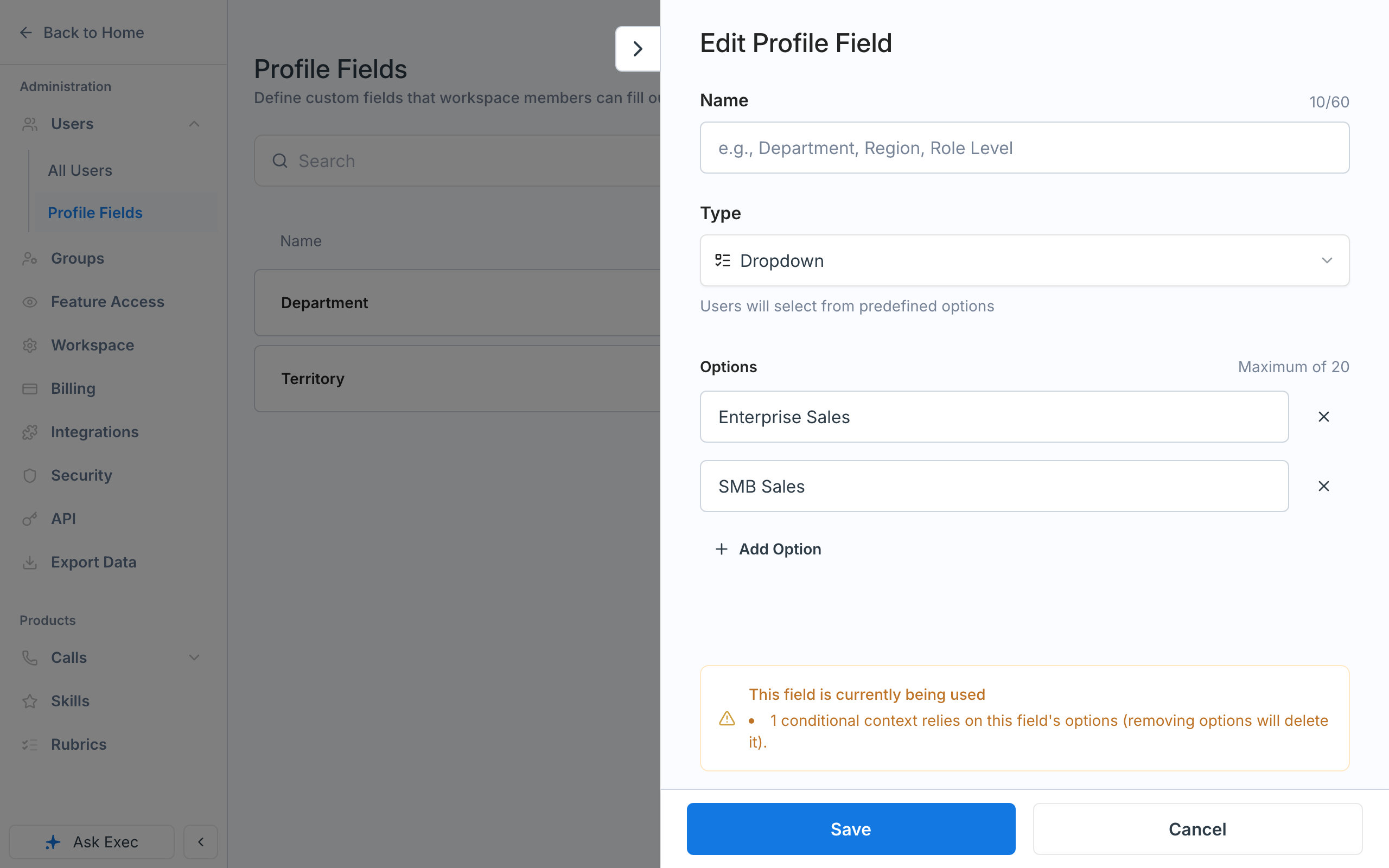 The Edit Profile Field panel for Department, showing a warning that one conditional context relies on the field's options