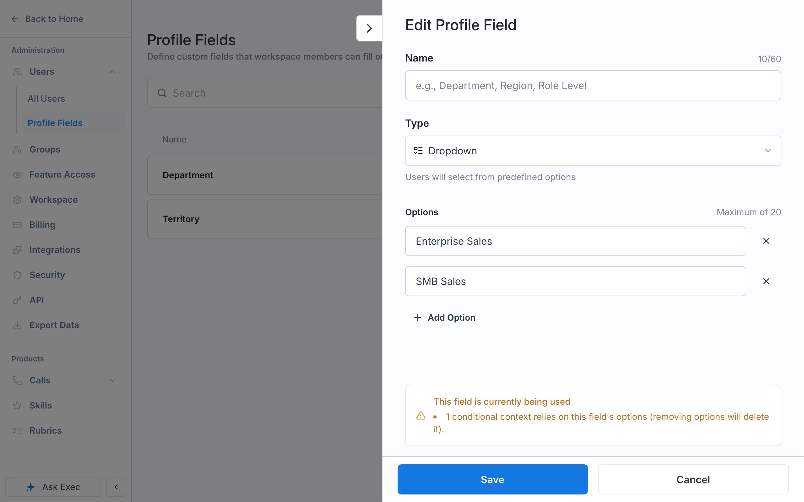 The Edit Profile Field panel for Department, showing a warning that one conditional context relies on the field's options