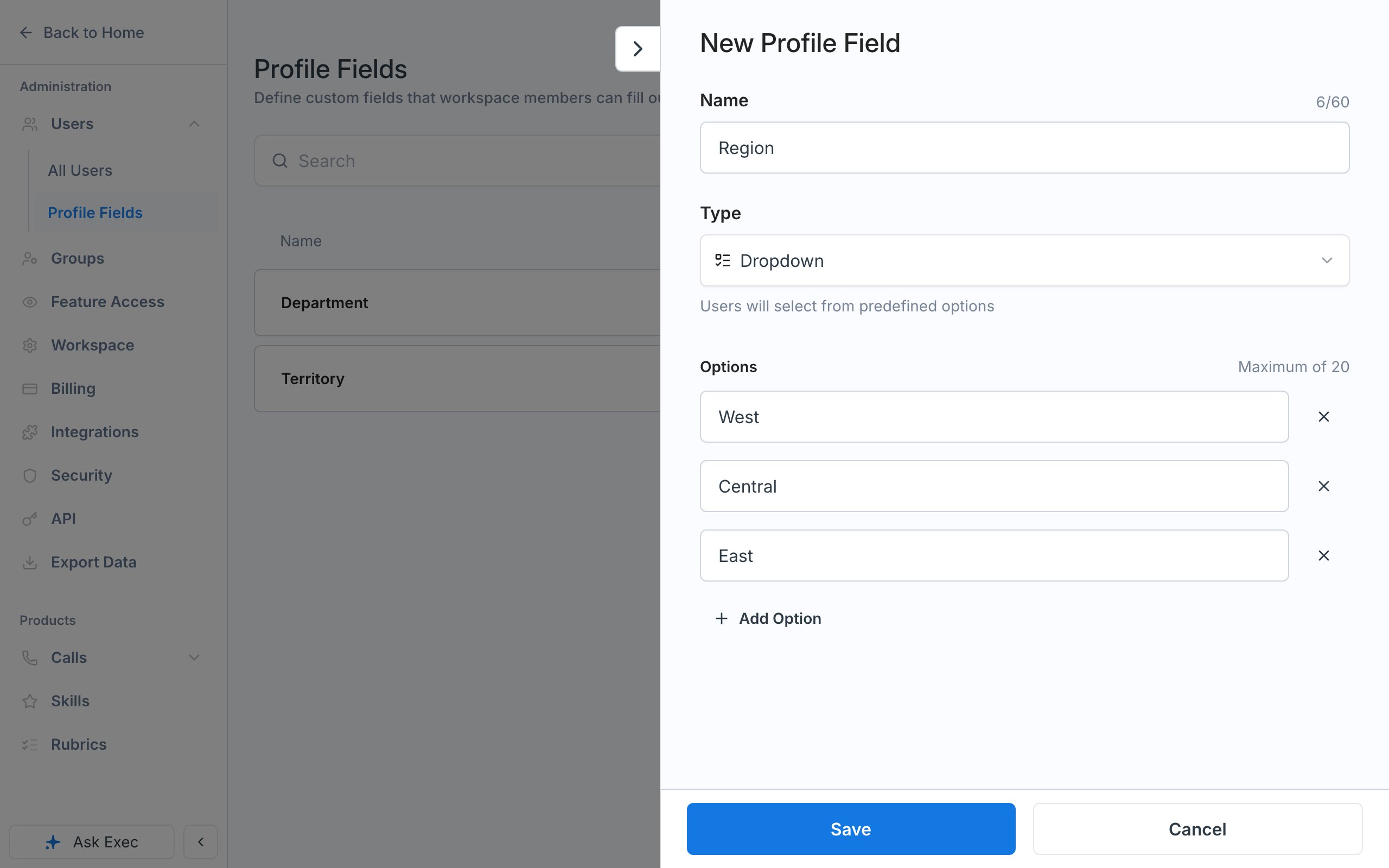 The New Profile Field panel with the name Region, type Dropdown, and options West, Central, and East