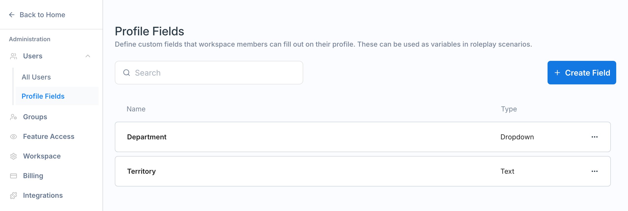 The Profile Fields page listing a Department dropdown field and a Territory text field