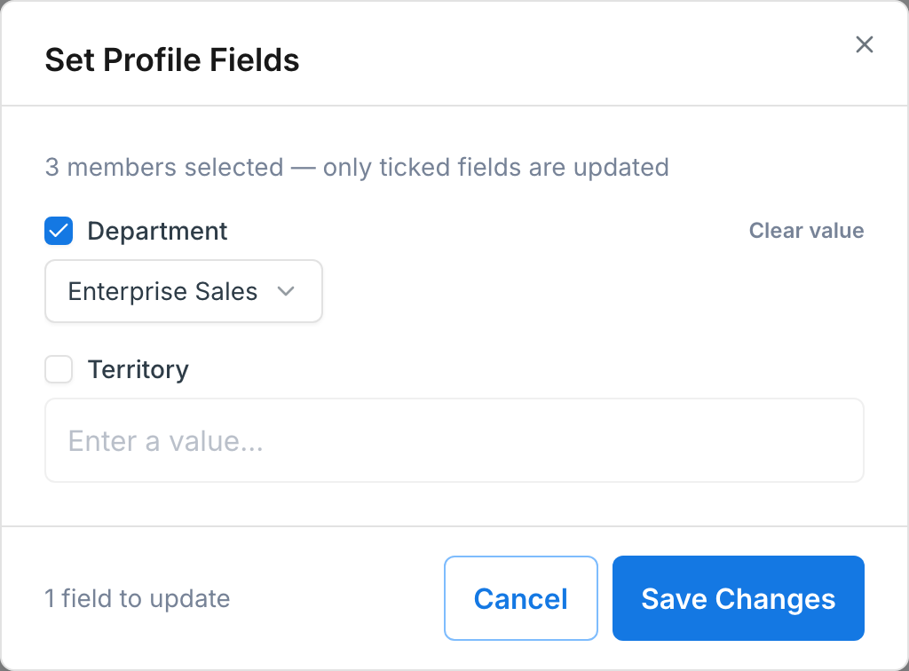 The Set Profile Fields dialog with three members selected, Department ticked and set to Enterprise Sales
