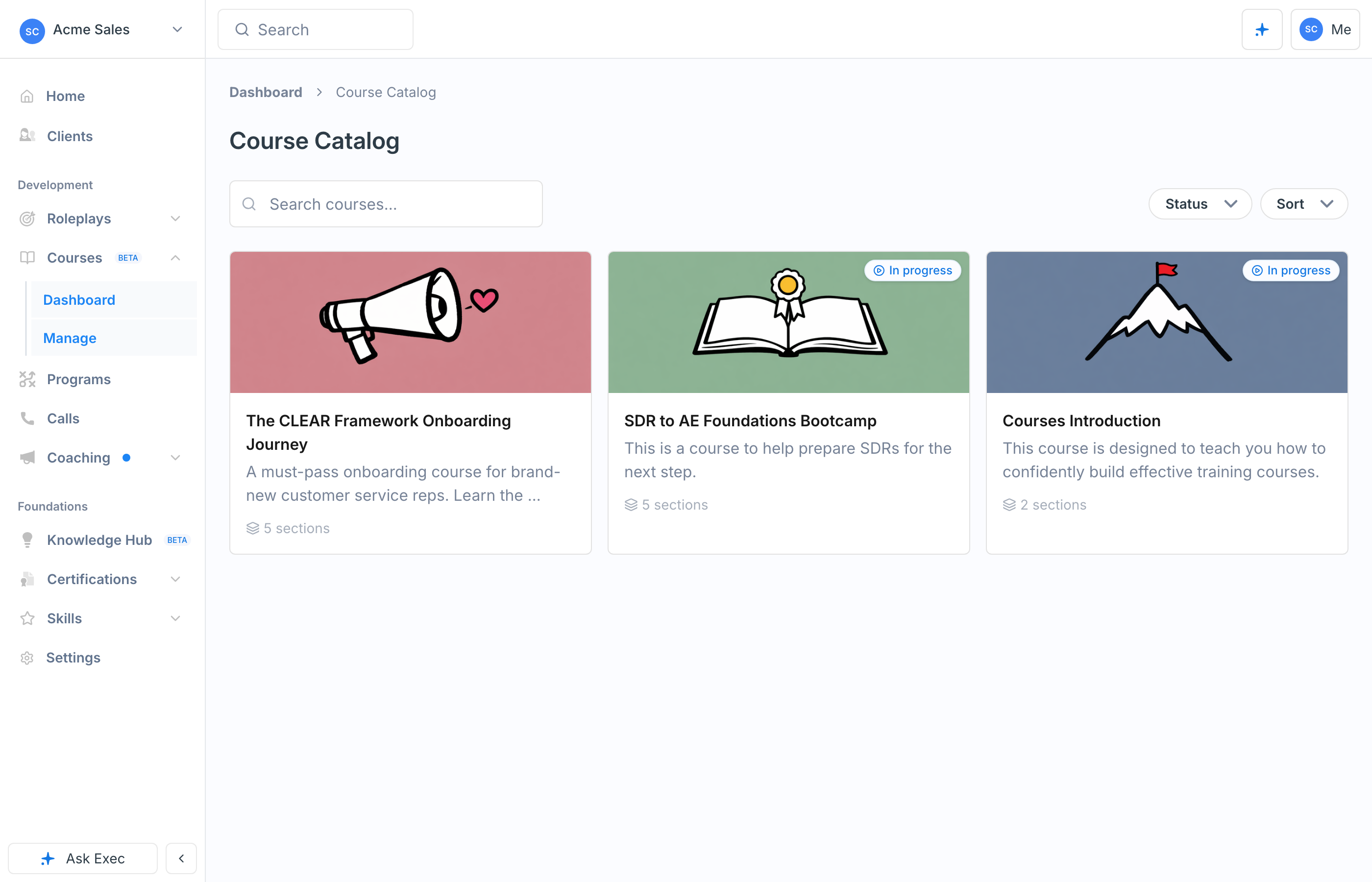 The course catalog showing available courses to browse and enroll in
