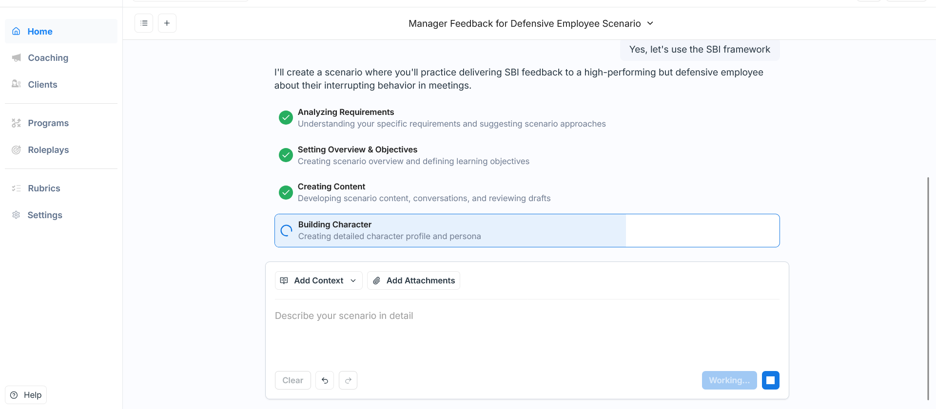 AI Agent building scenario with progress indicators