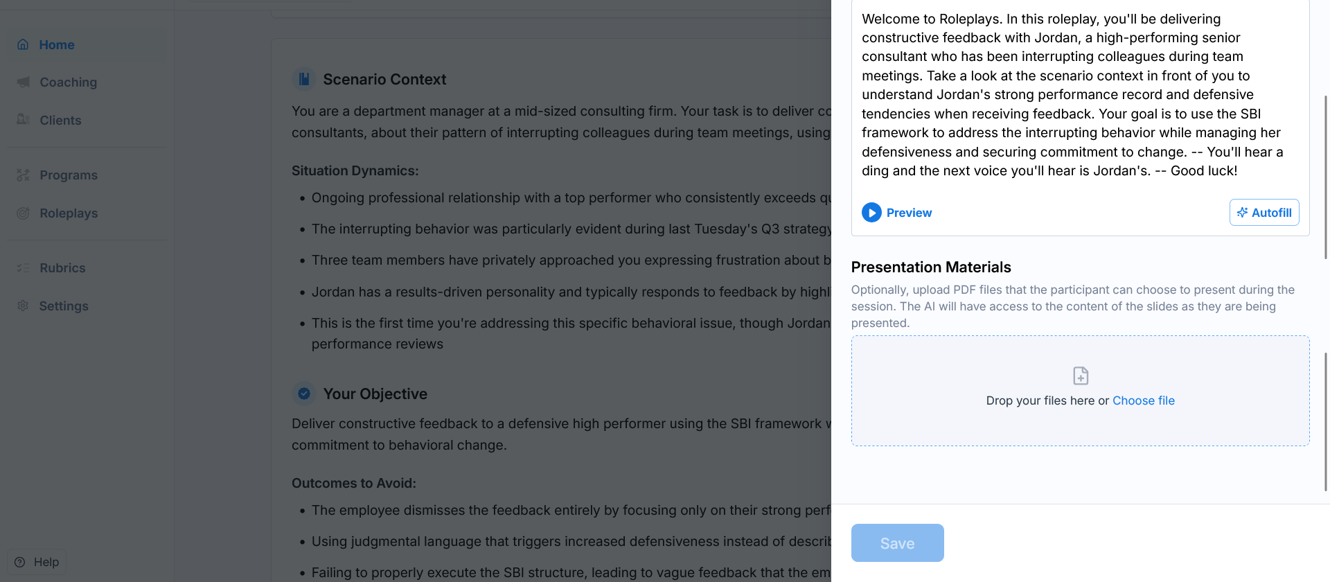 Edit panel showing audio introduction and presentation materials