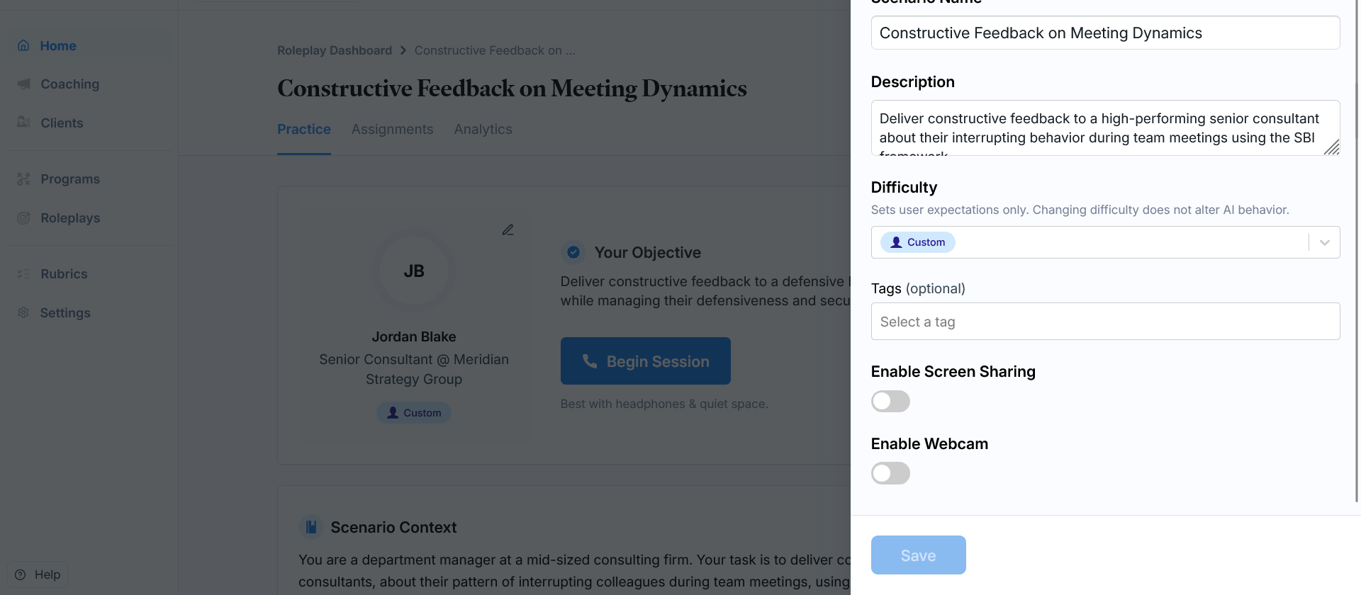 Edit panel showing name, description, difficulty, and toggle settings