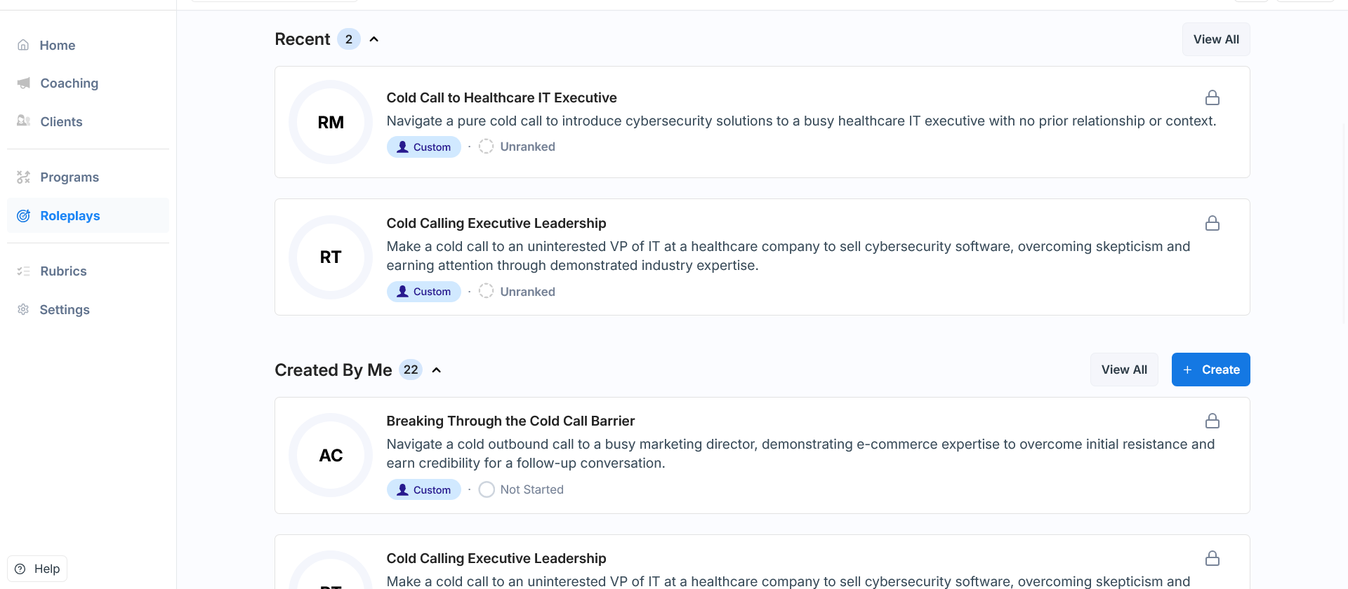 Roleplays dashboard showing recent scenarios and Created By Me section