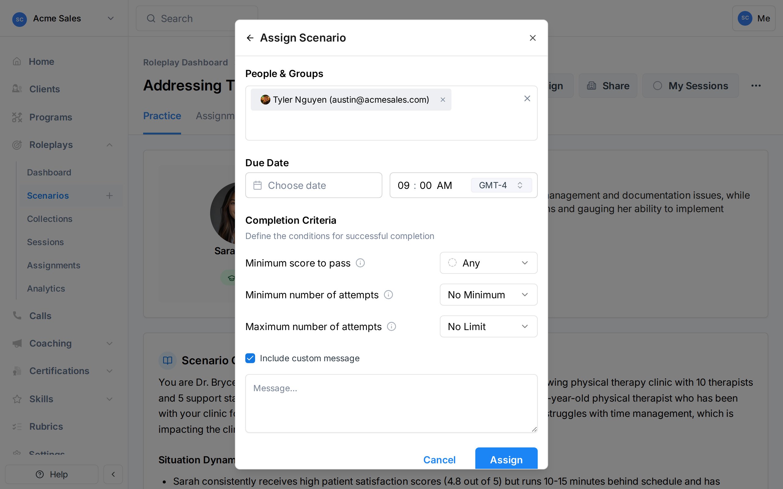 Assignment configuration showing due date, completion criteria, and custom message options