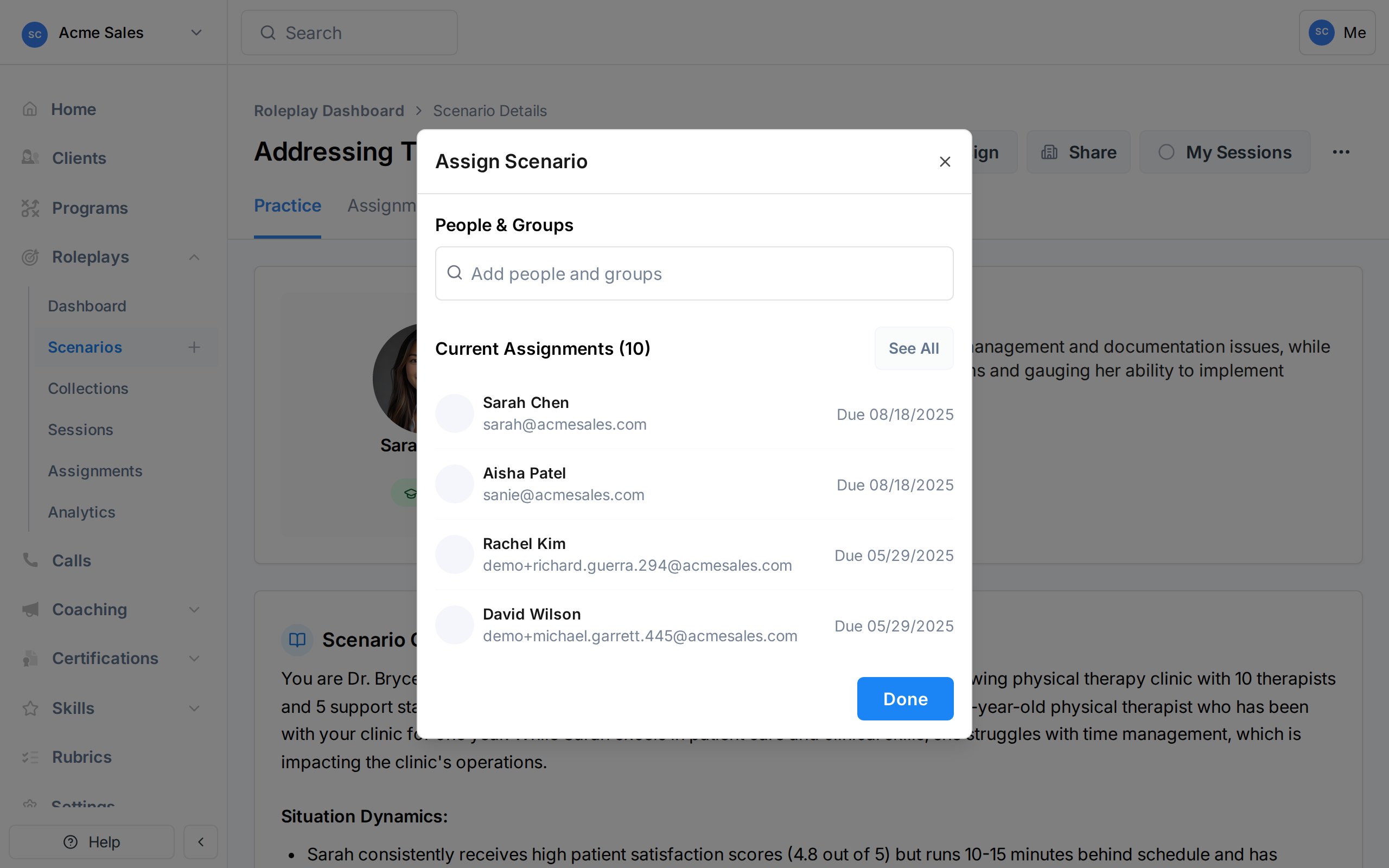 Assign Scenario dialog showing People and Groups search with current assignments