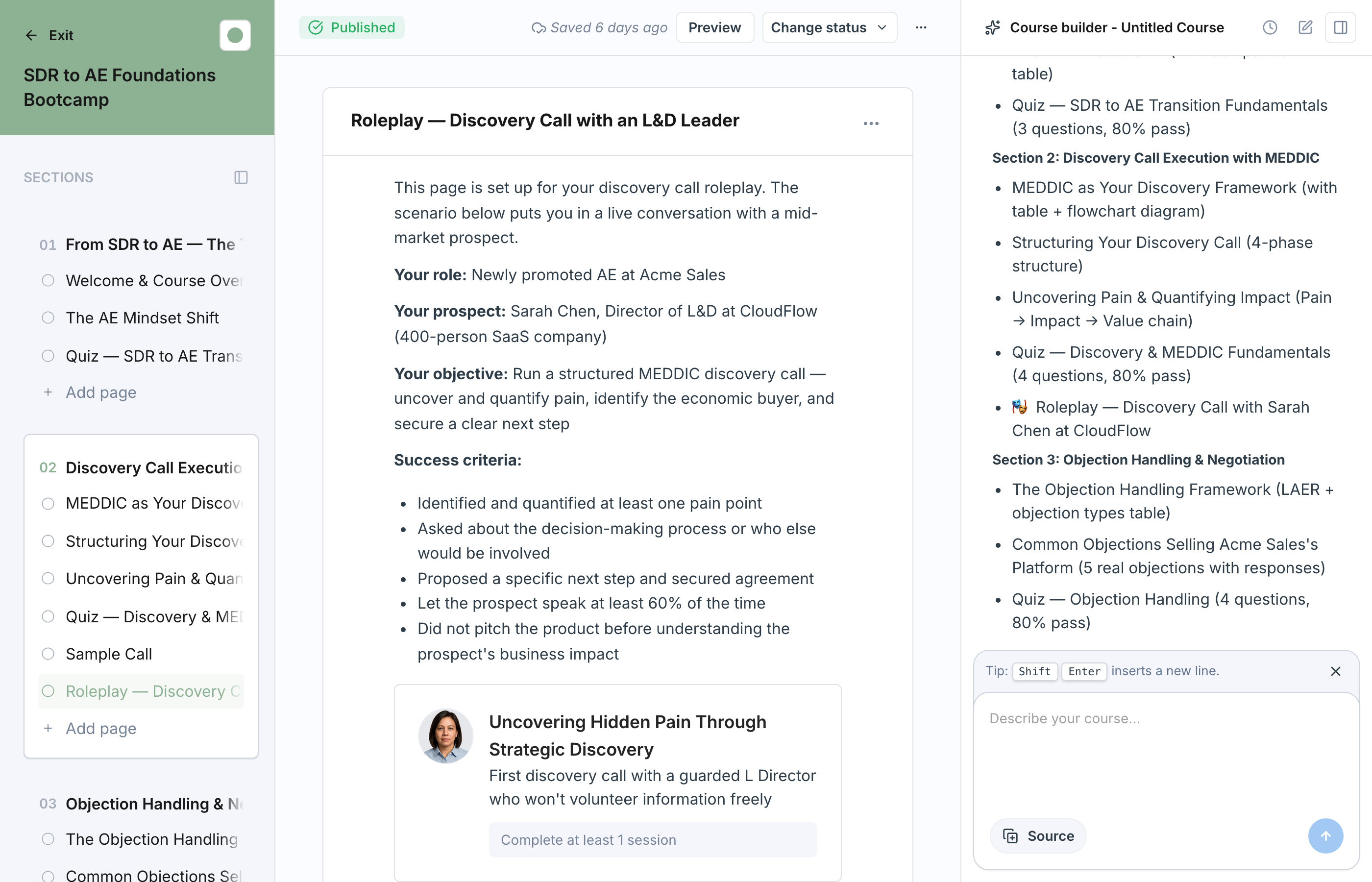 A generated roleplay page open in the course editor, with the studio's section-by-section summary of everything it built