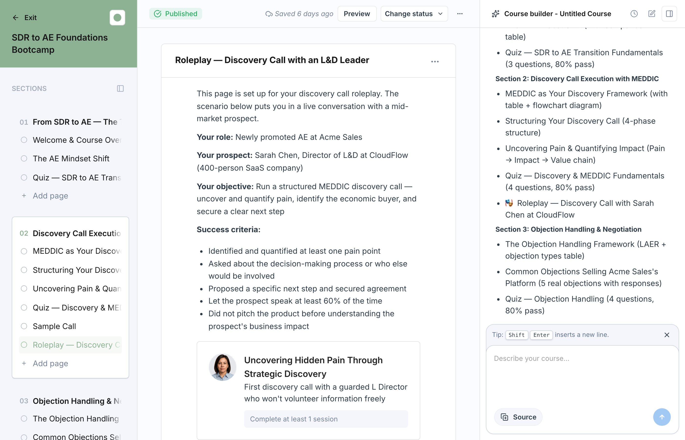 A generated roleplay page open in the course editor, with the studio's section-by-section summary of everything it built