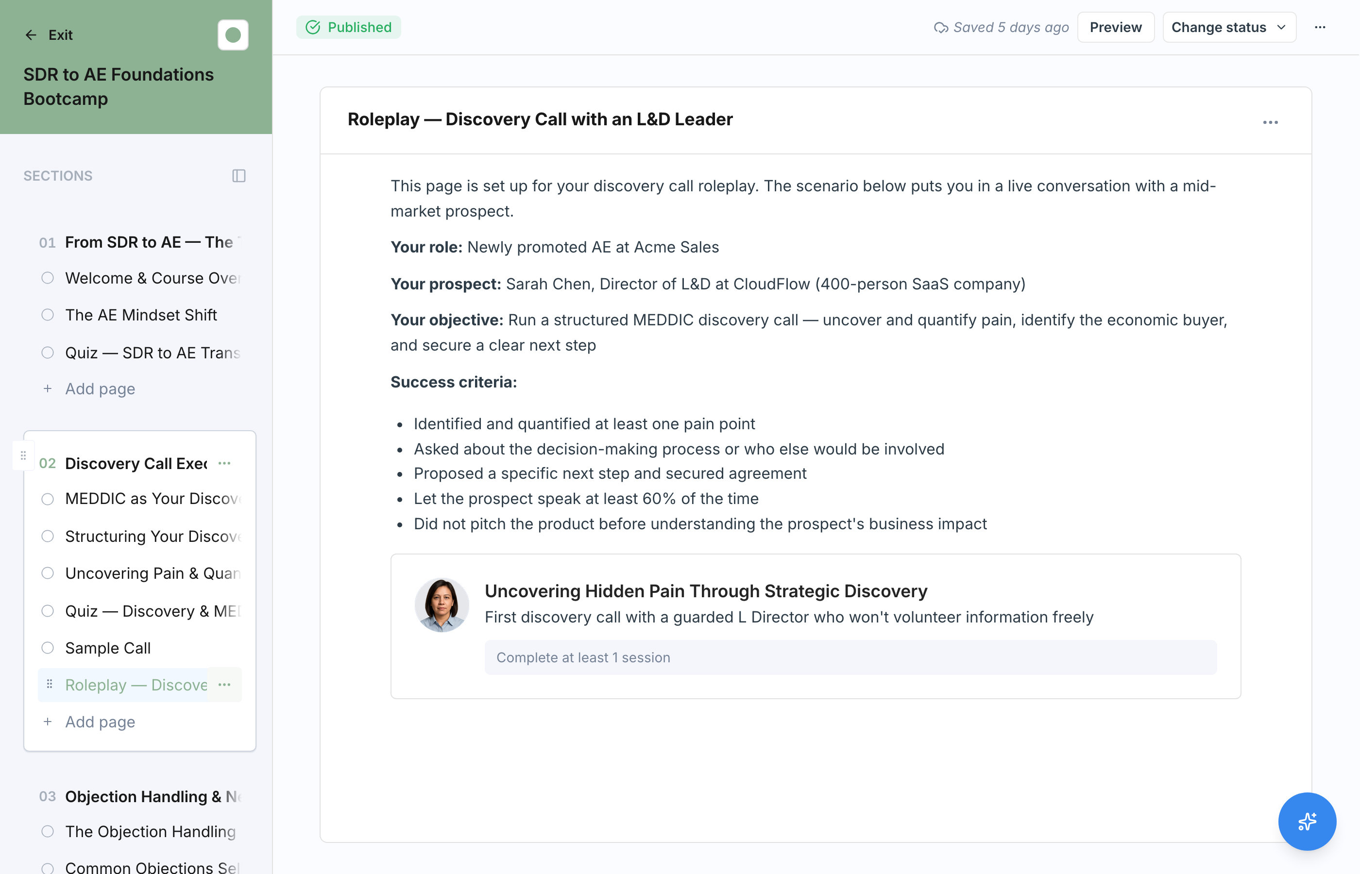 A Roleplay block in the editor configured with a scenario and completion requirements