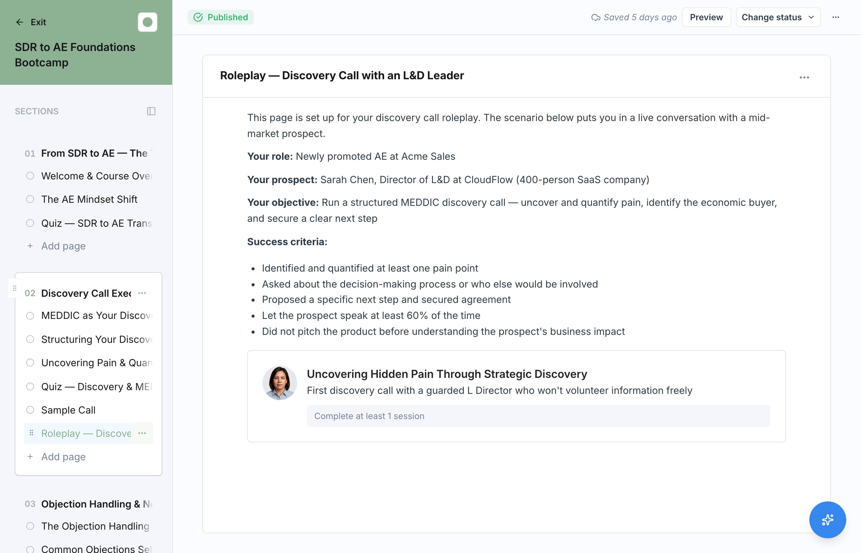A Roleplay block in the editor configured with a scenario and completion requirements