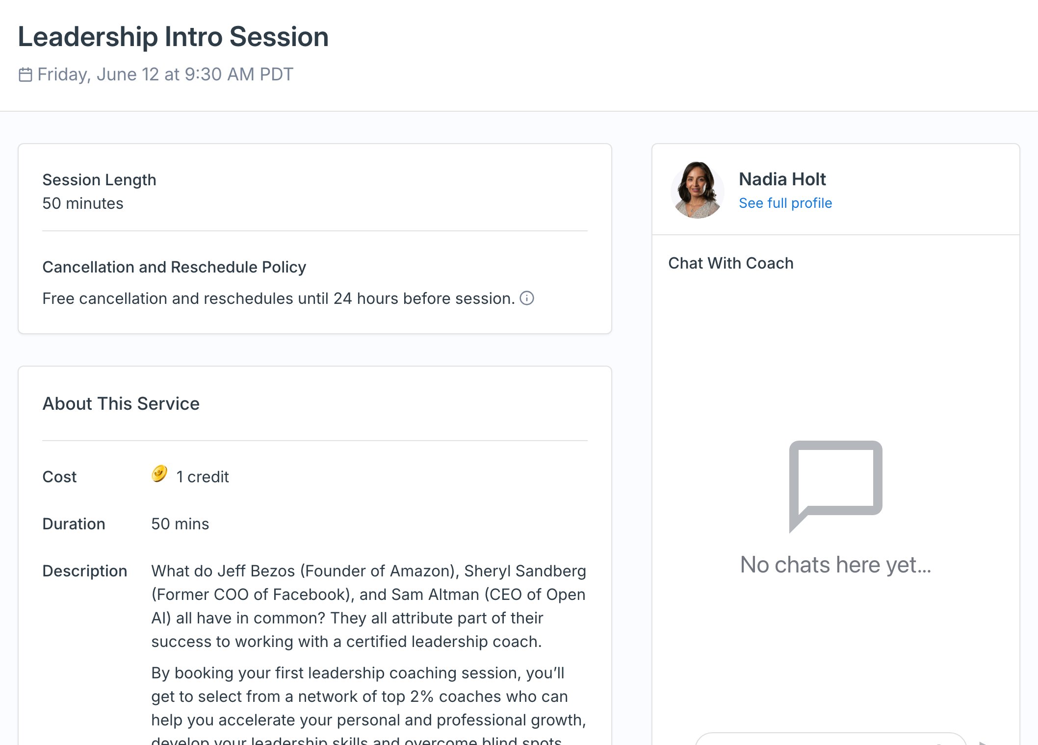 A coaching session's detail page, showing the time, the coach, and the chat panel