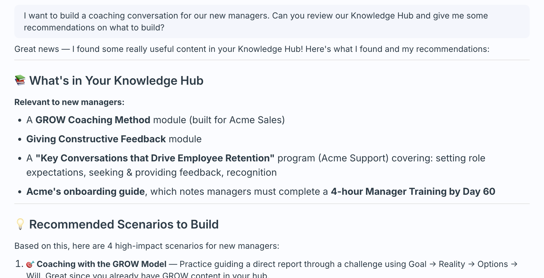 Scenario builder chat where the agent has searched the Knowledge Hub and lists the modules it found before recommending scenarios to build