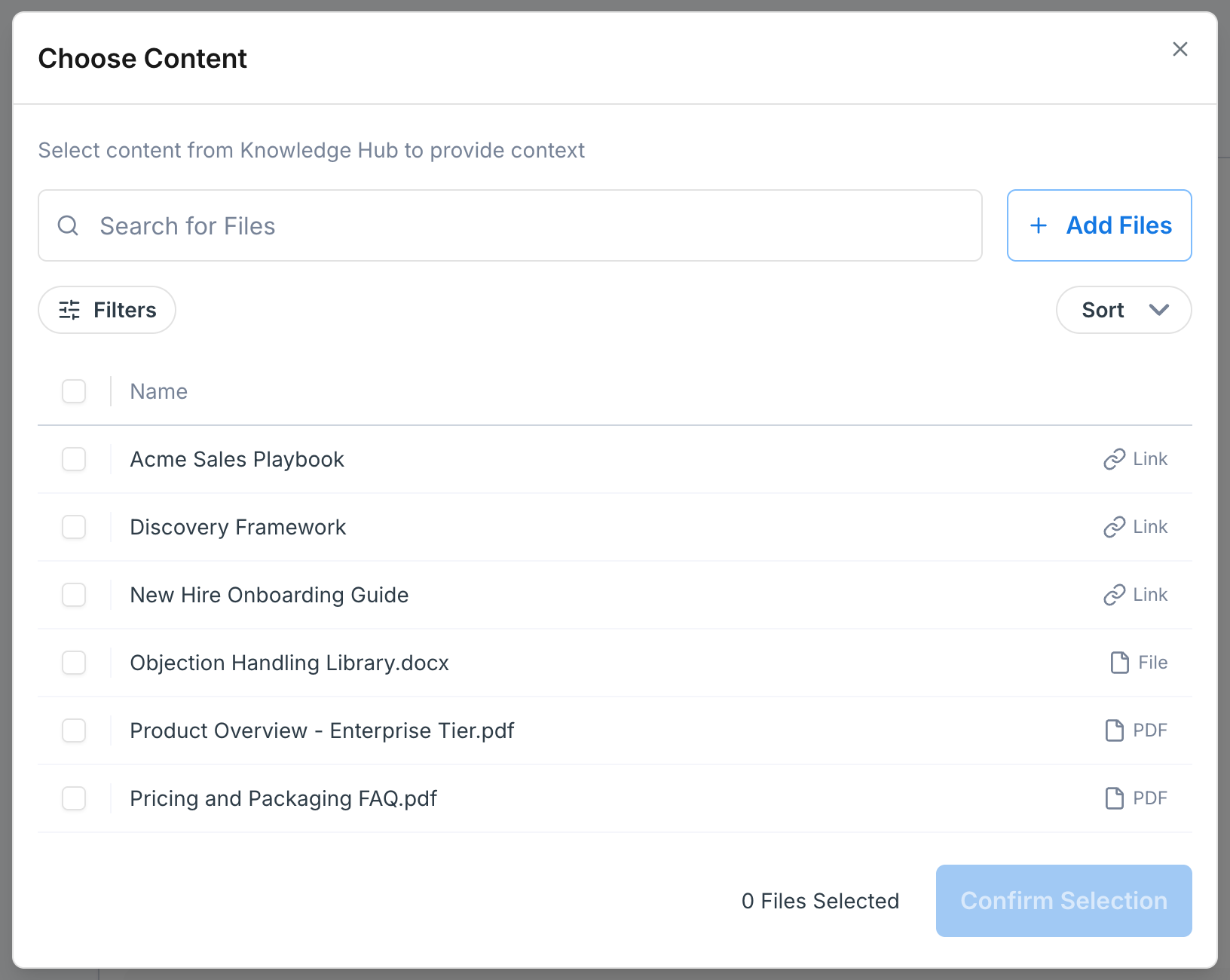 The Choose Content dialog in the scenario builder, listing Knowledge Hub pages, files, and links with checkboxes to select them