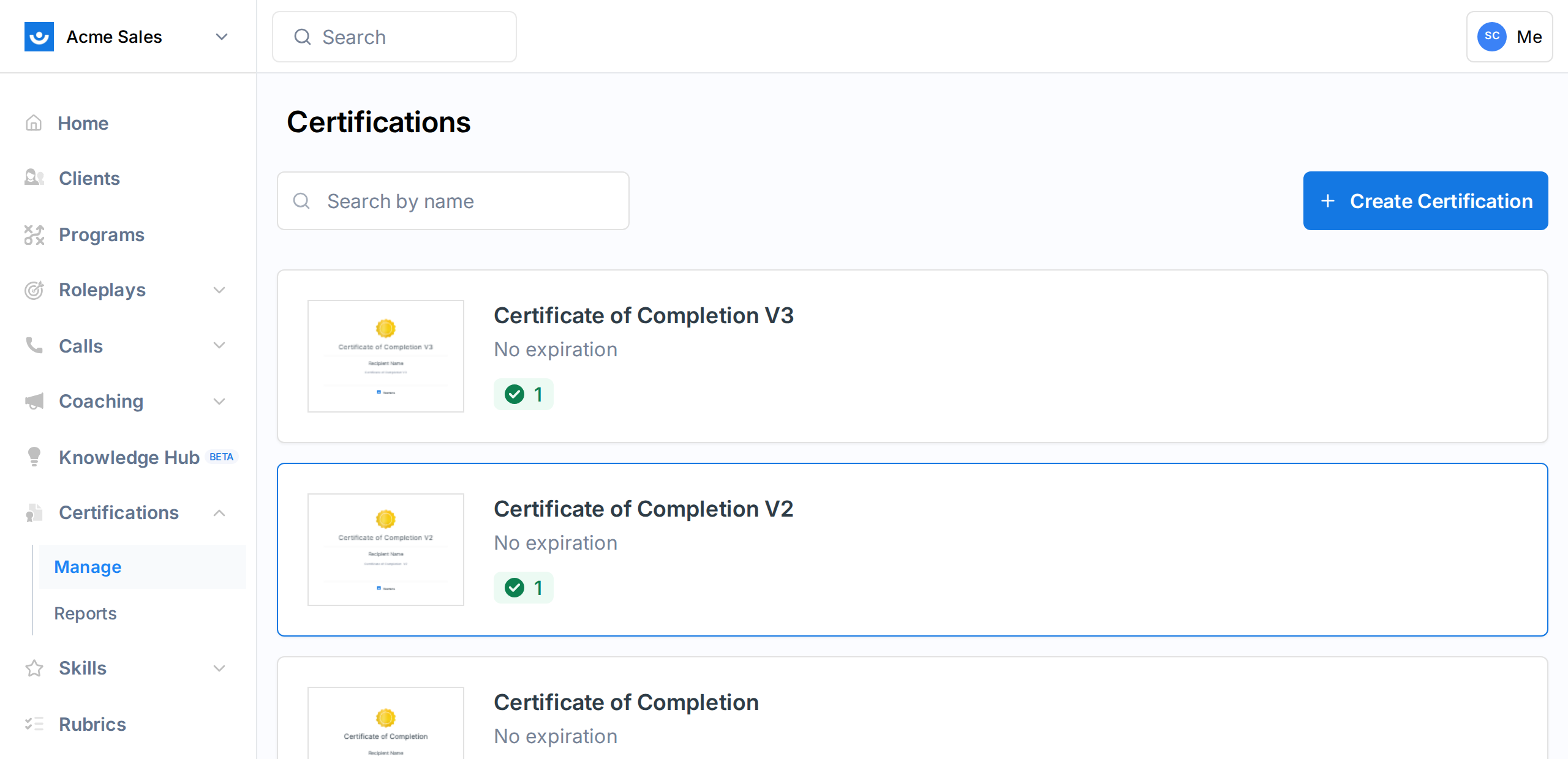 Certifications page showing available certifications to link to programs