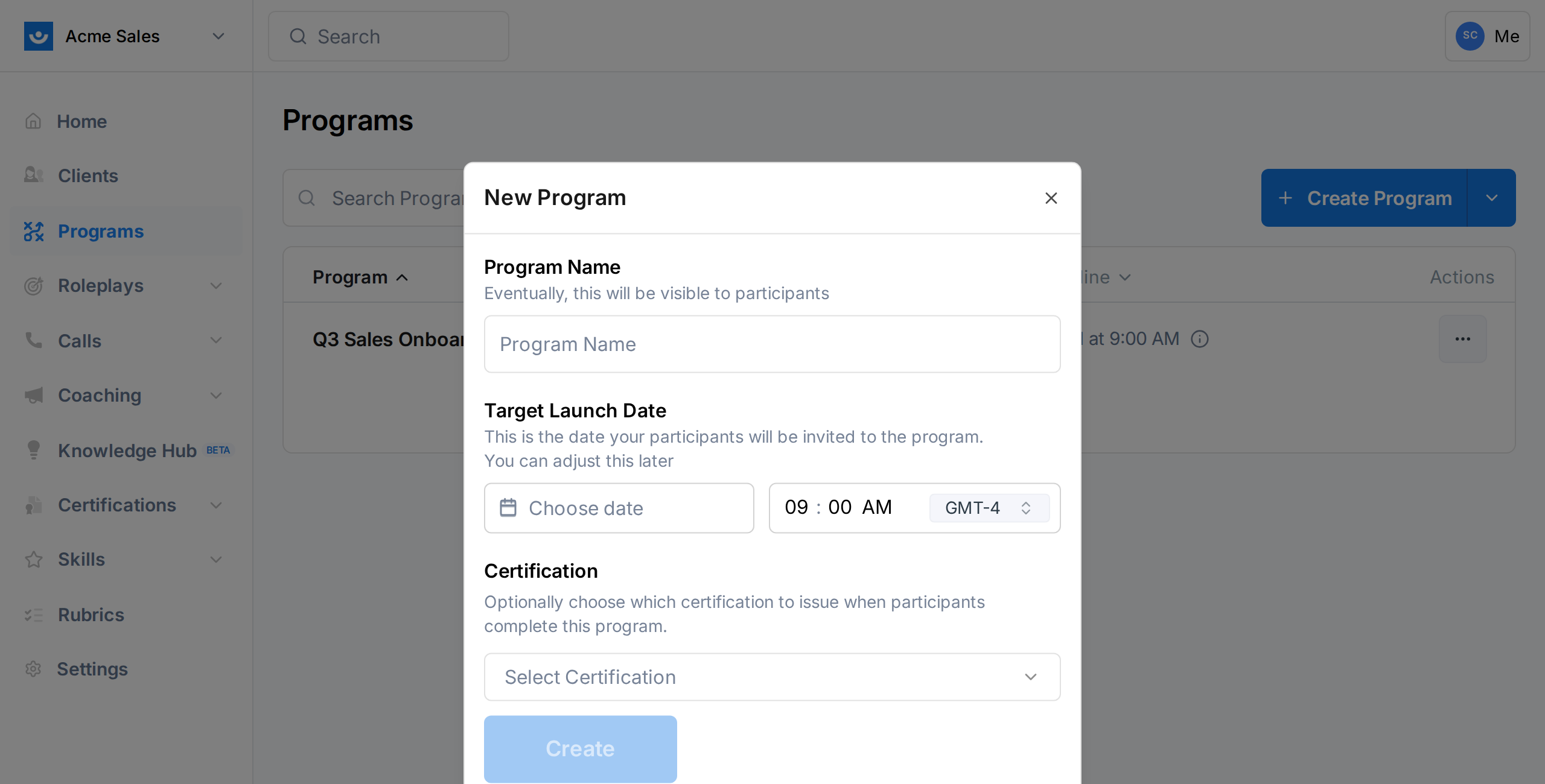Create program dialog with name, launch date, and certification fields