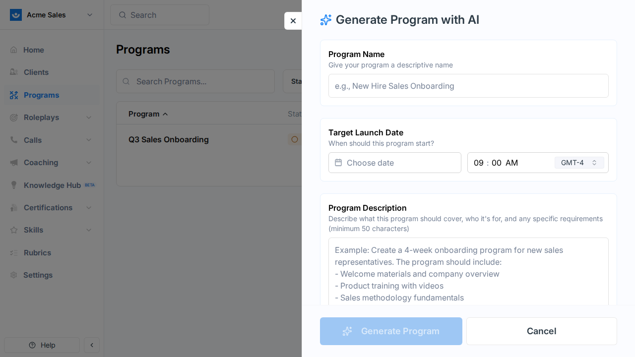Generate Program with AI drawer showing name, launch date, and description fields