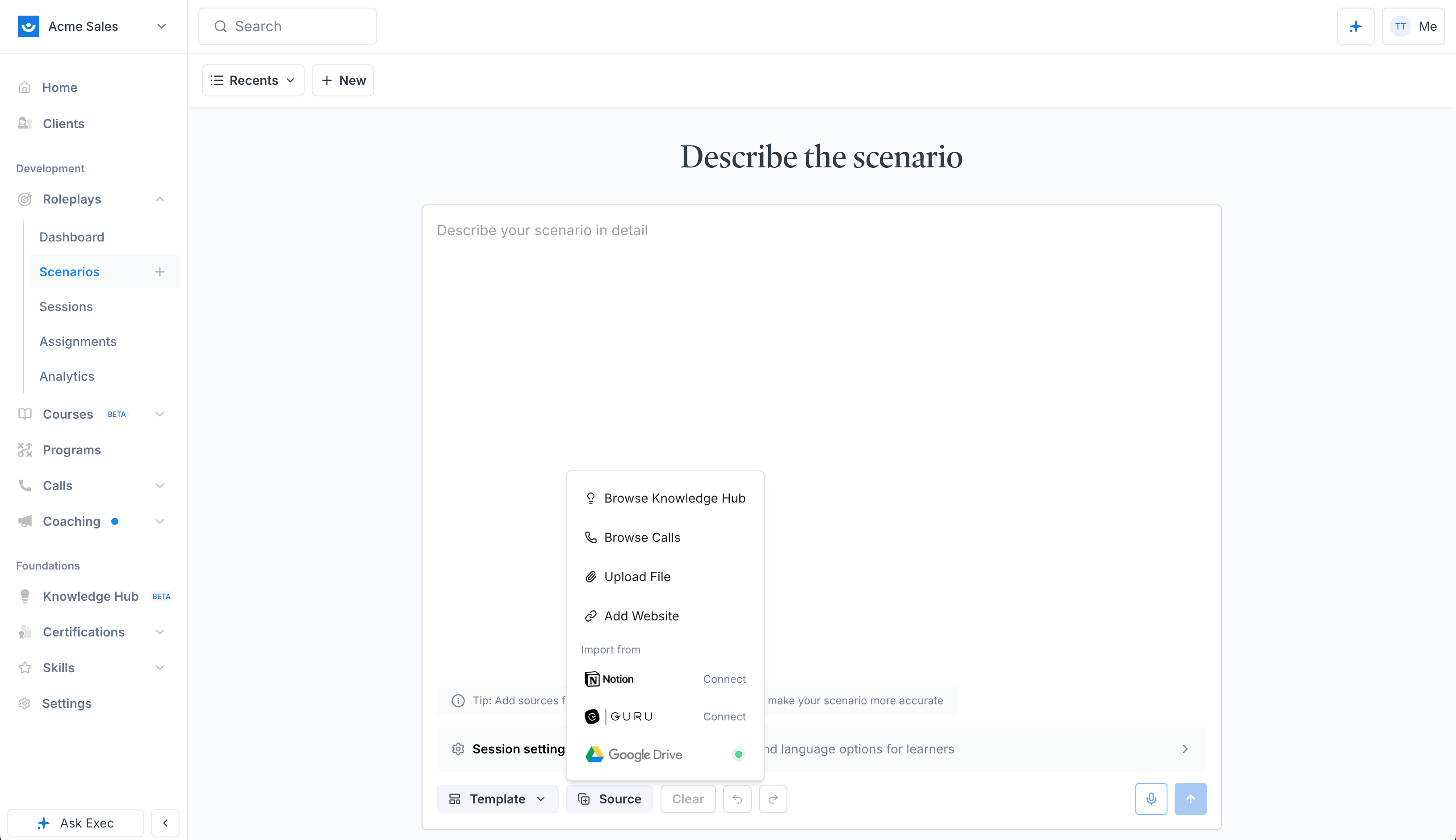 The Source menu showing Browse Knowledge Hub, Upload File, and Import options