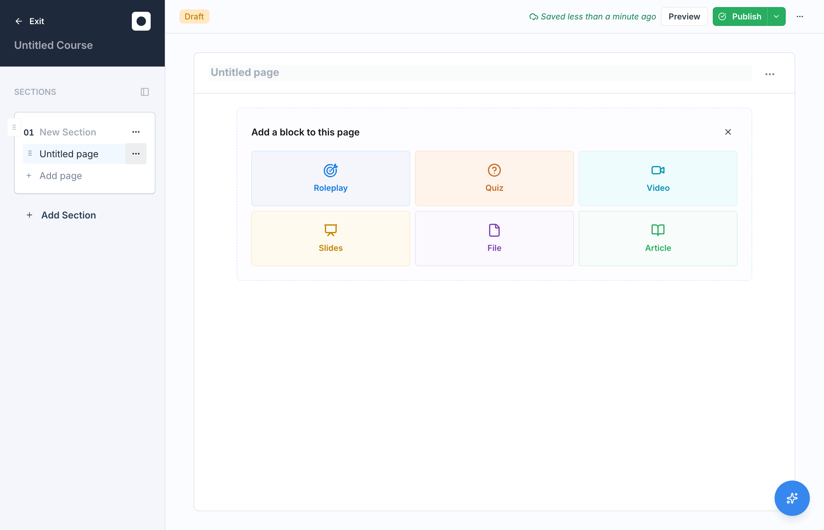 The add-block menu listing the block types: Roleplay, Quiz, Video, Slides, File, and Article