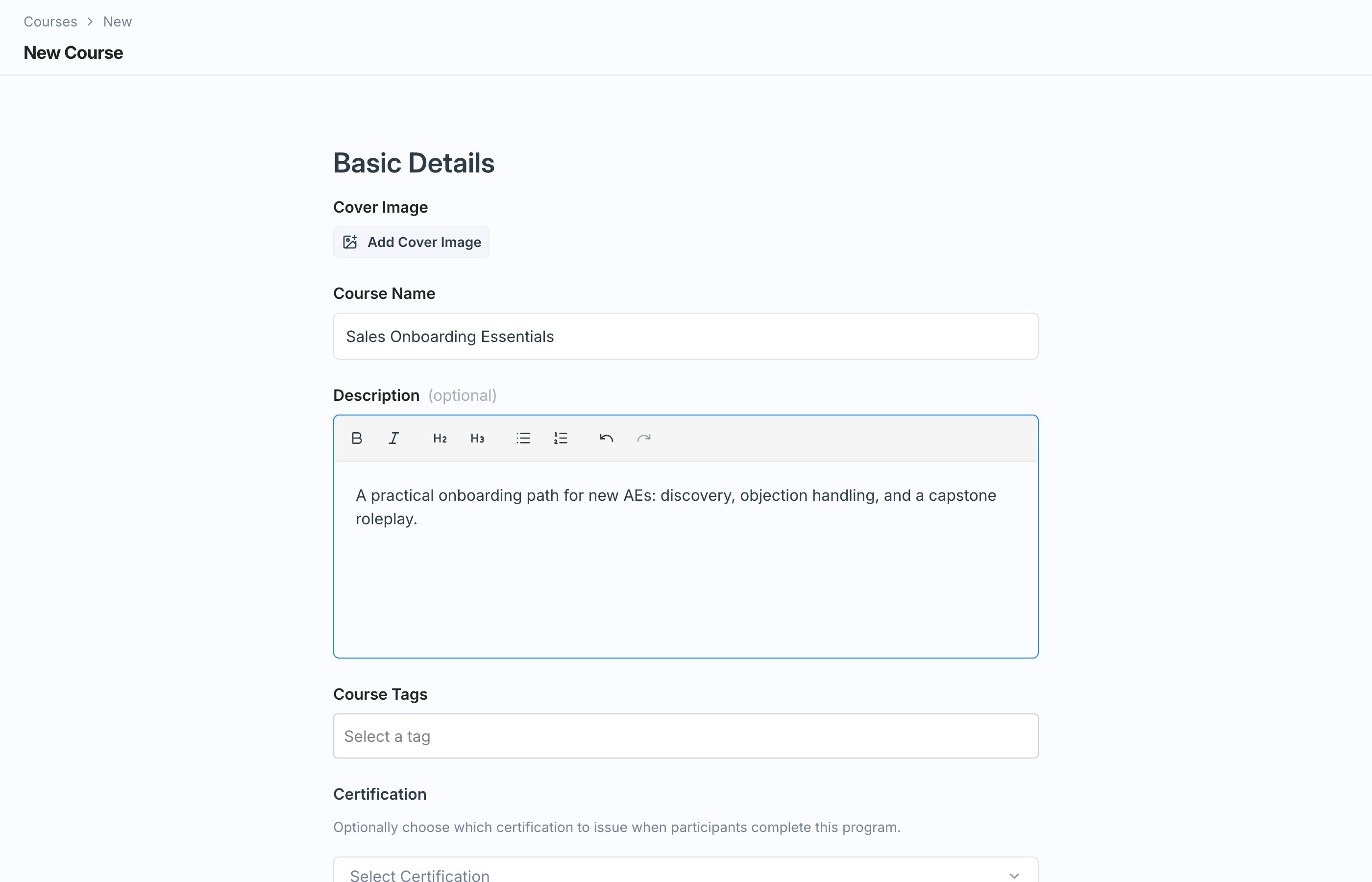 The Basic Details form for a new course