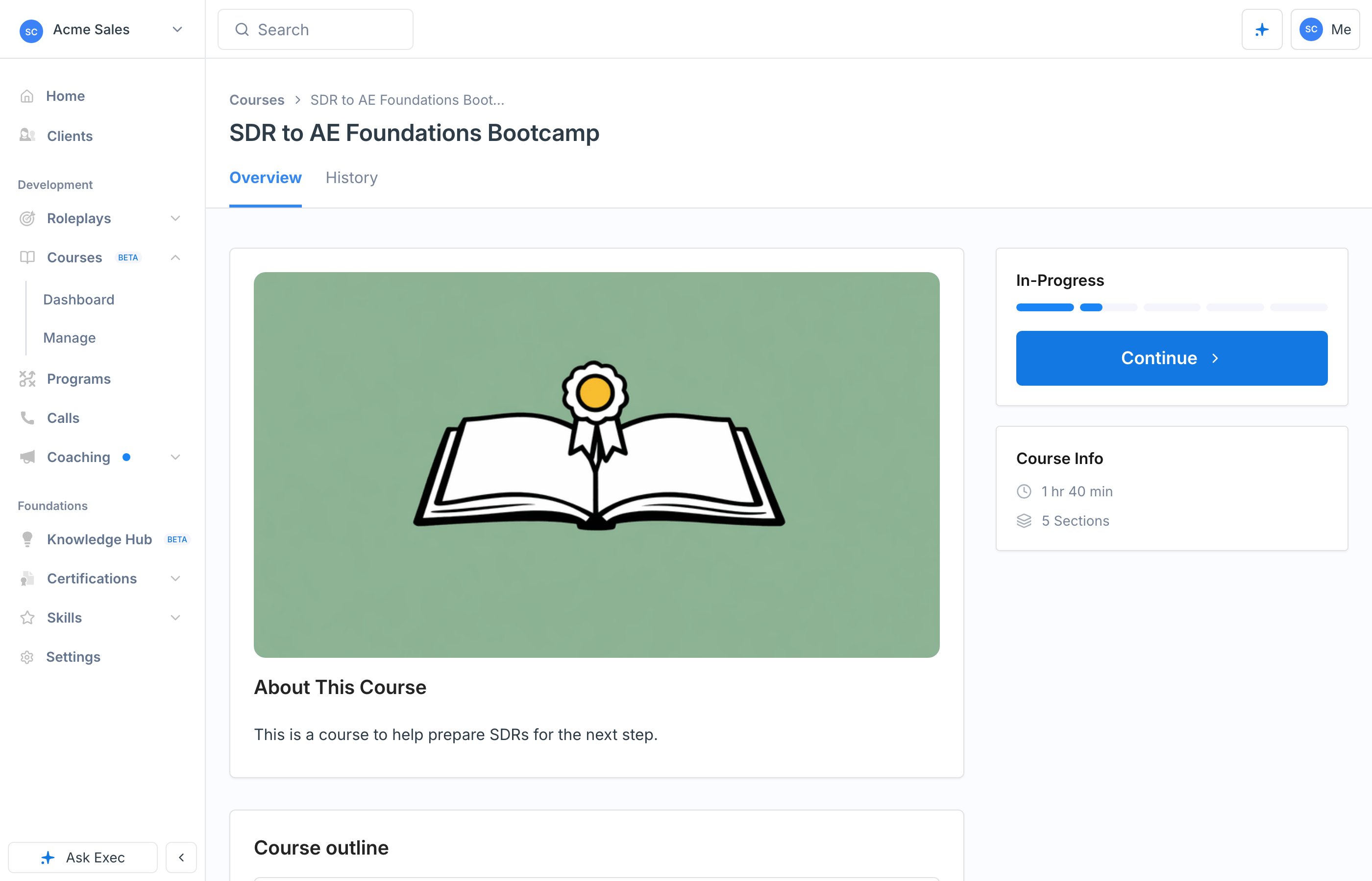The course catalog showing the SDR to AE Foundations Bootcamp available for enrollment