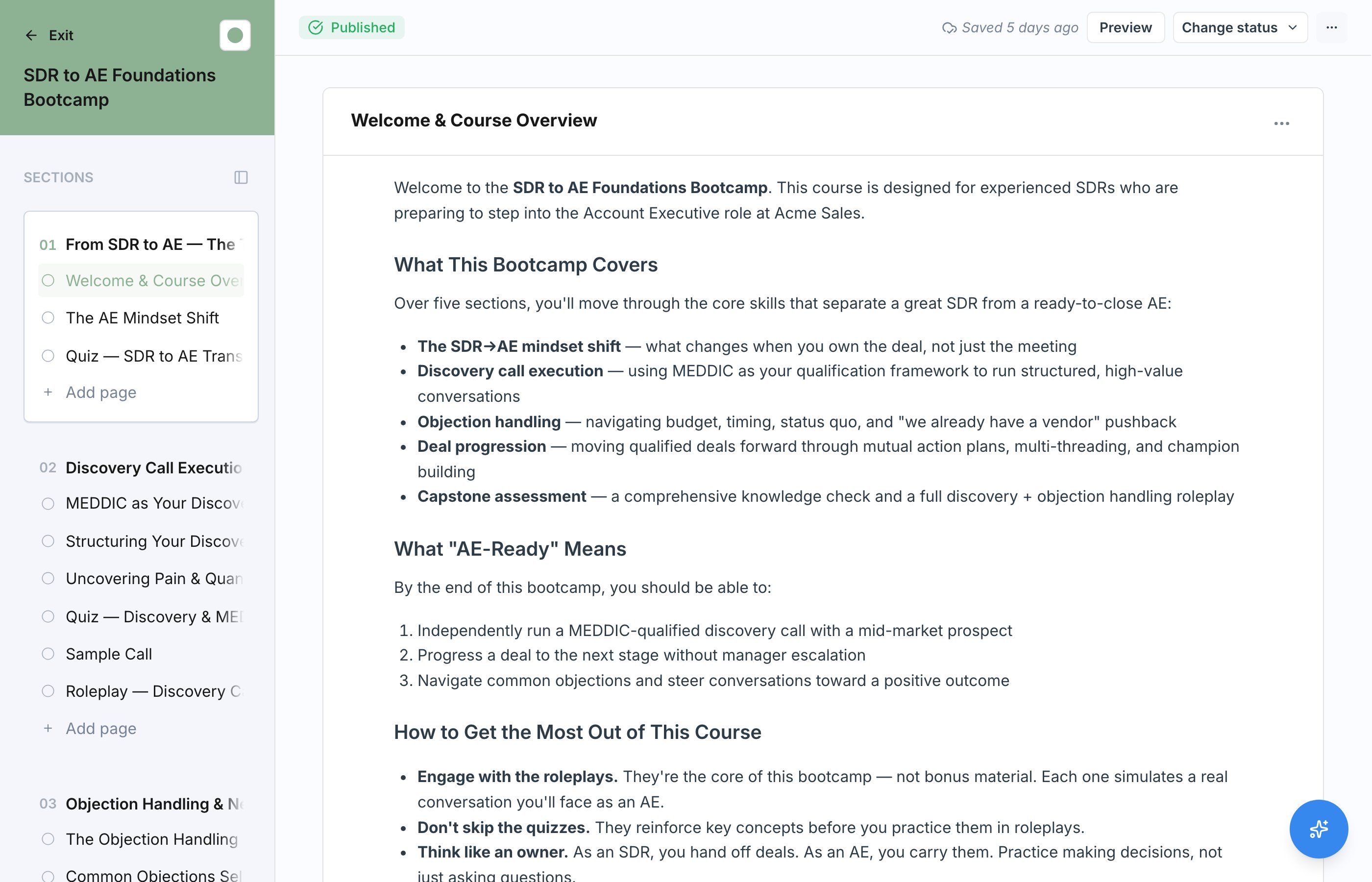 The course builder, where you arrange sections, pages, and content blocks