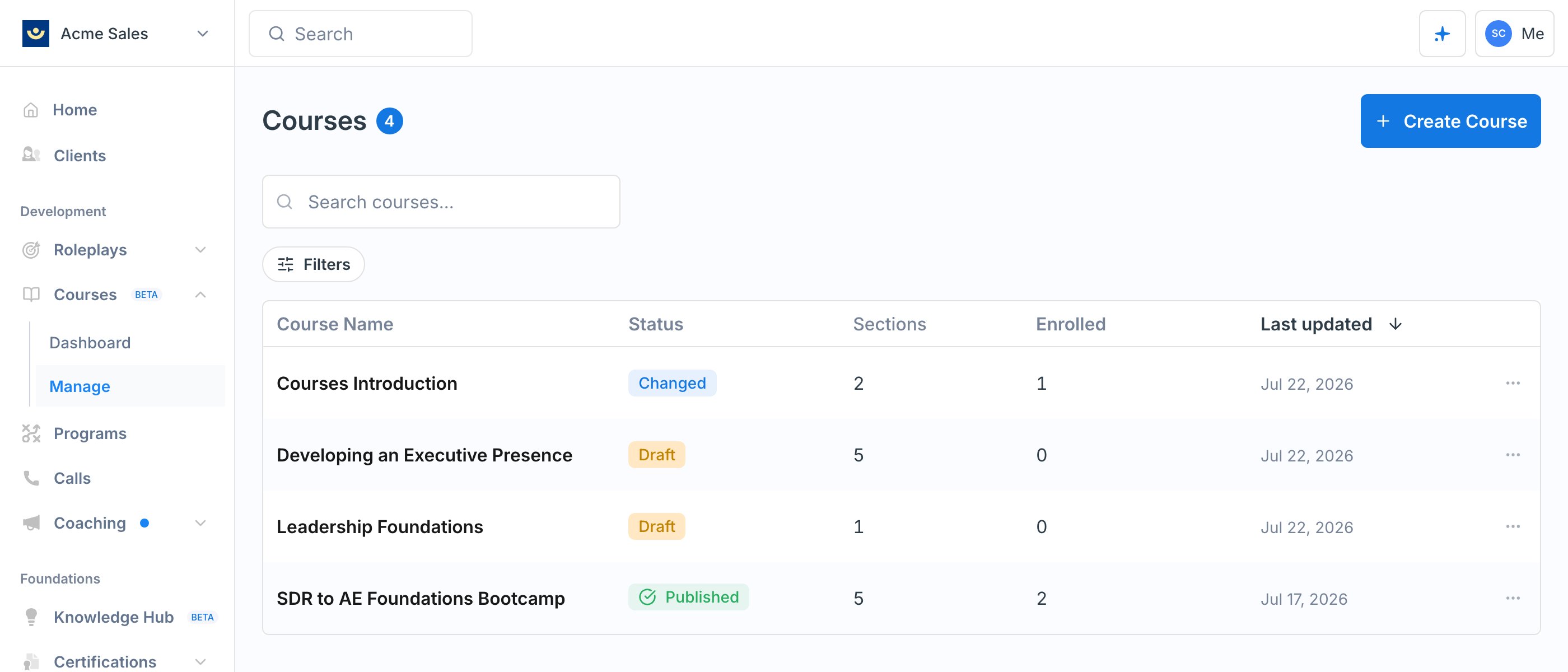 The course library showing Draft, Changed, and Published statuses across courses