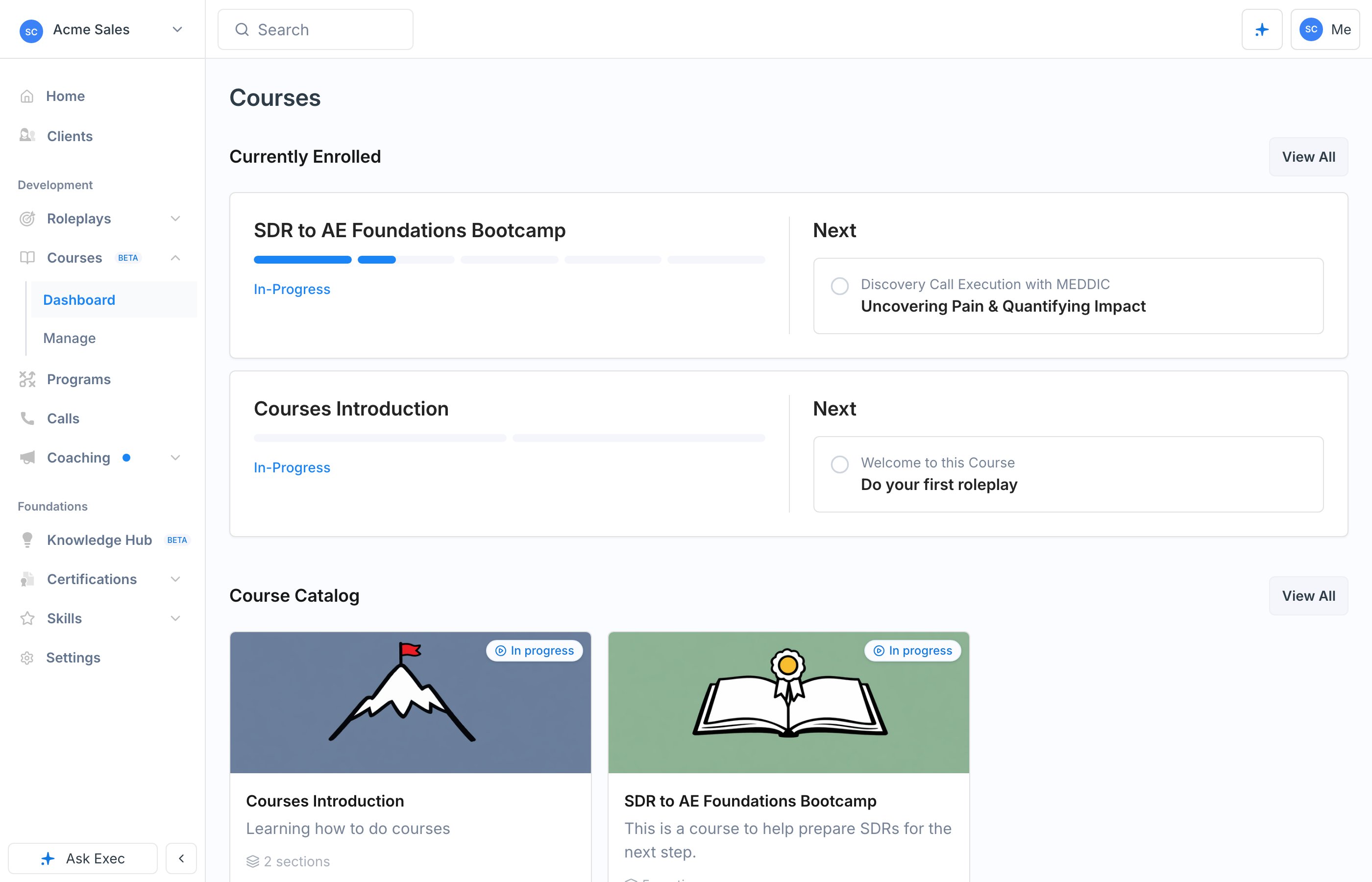The Courses home page showing courses in progress and the course catalog