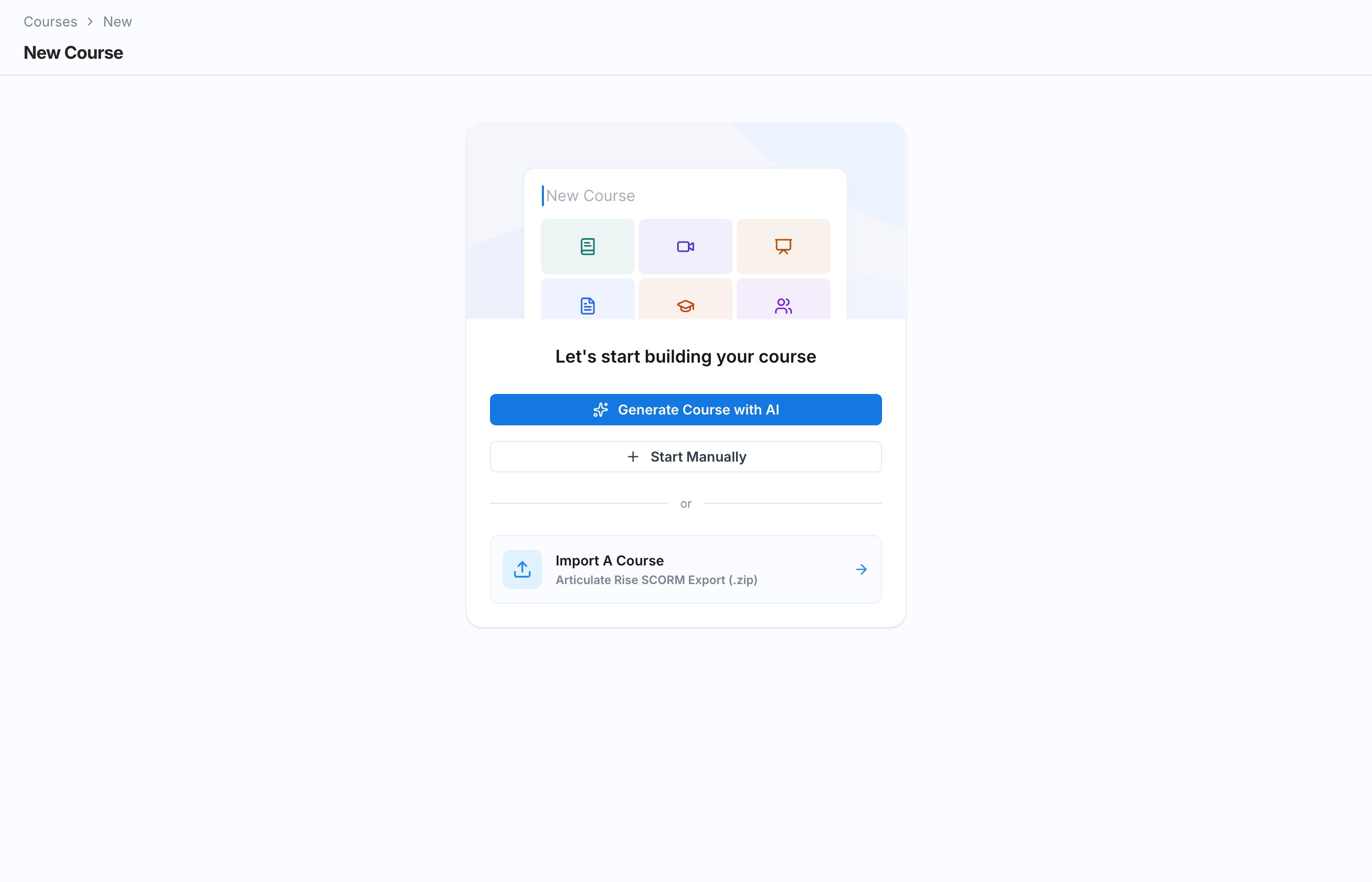 The new course screen with three options: Generate Course with AI, Start Manually, and Import A Course