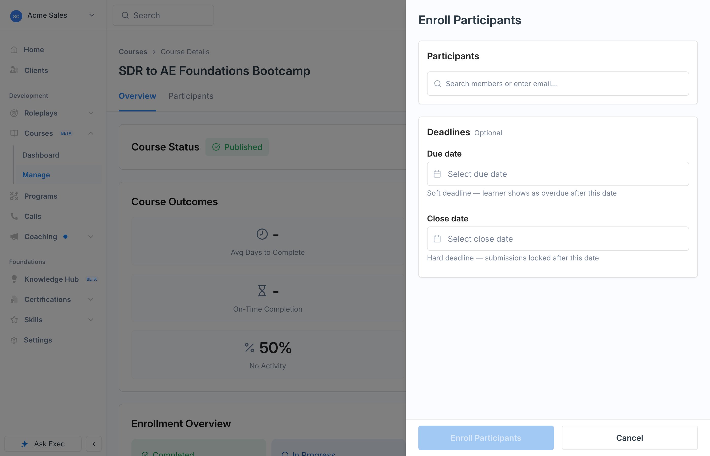 The Enroll Participants sheet with a member search and optional Due date and Close date fields