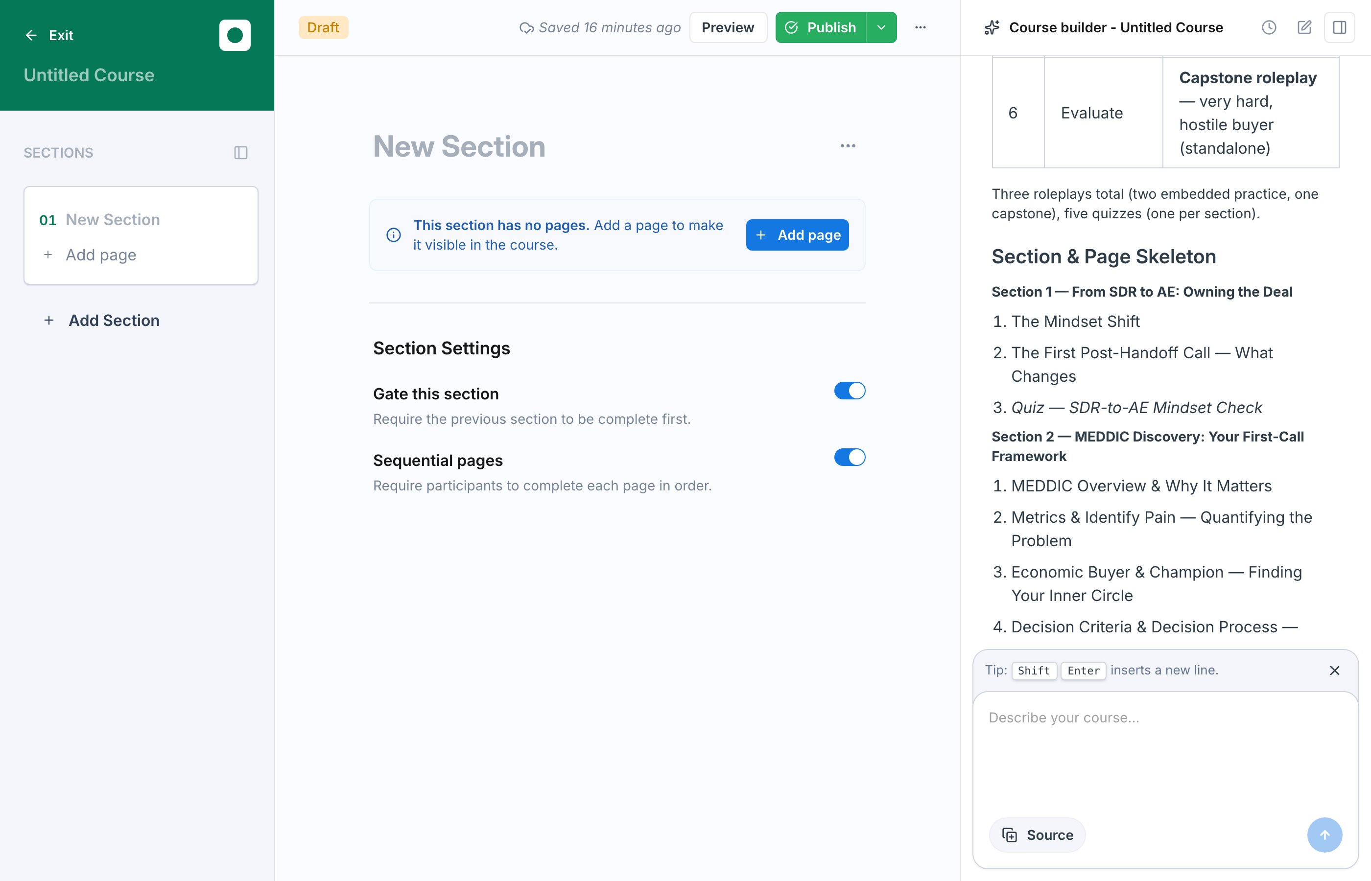 The Course AI studio's proposed section-and-page skeleton for the course