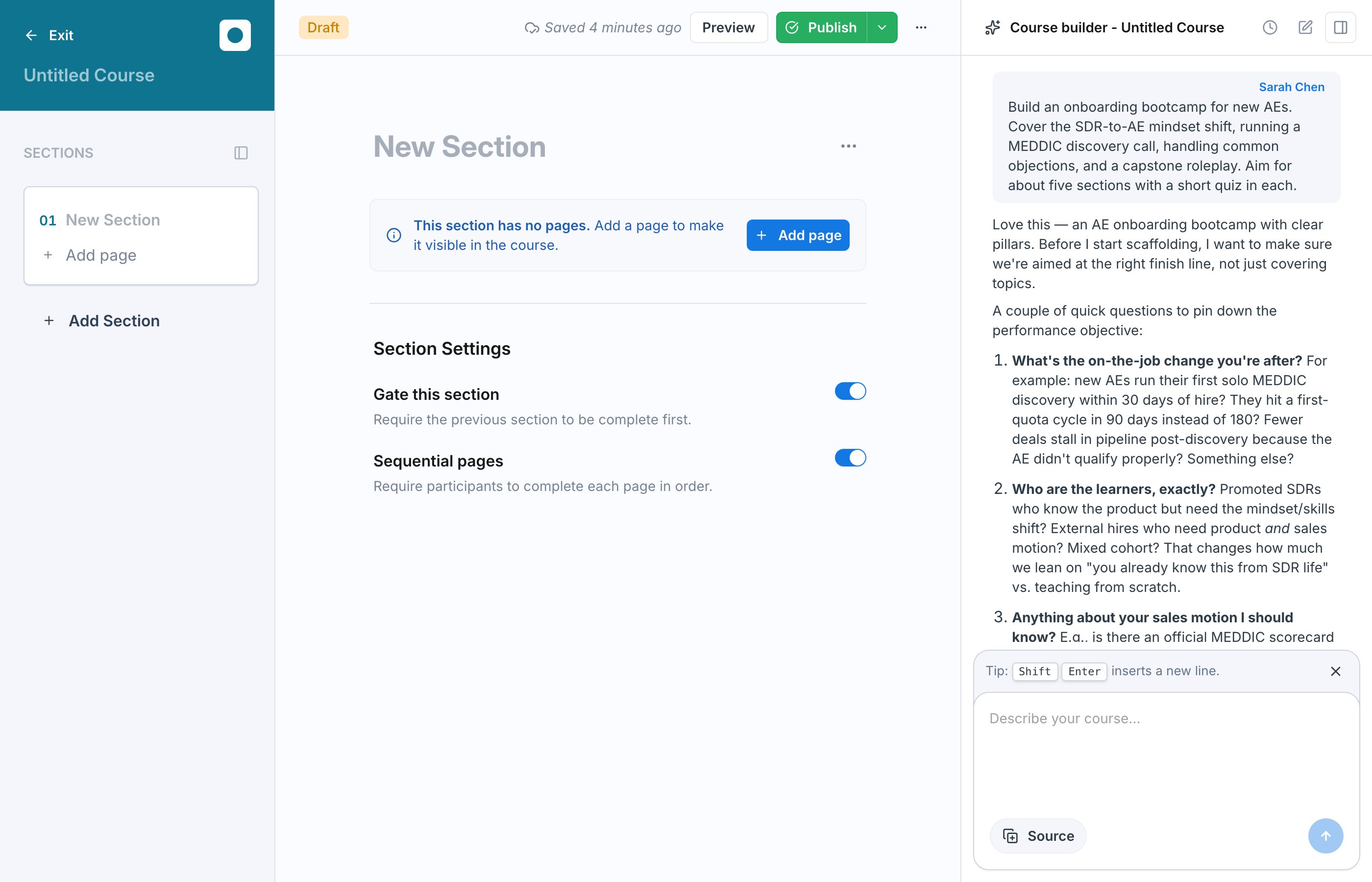 Describing a course to the Course AI studio, which replies with a plan and clarifying questions