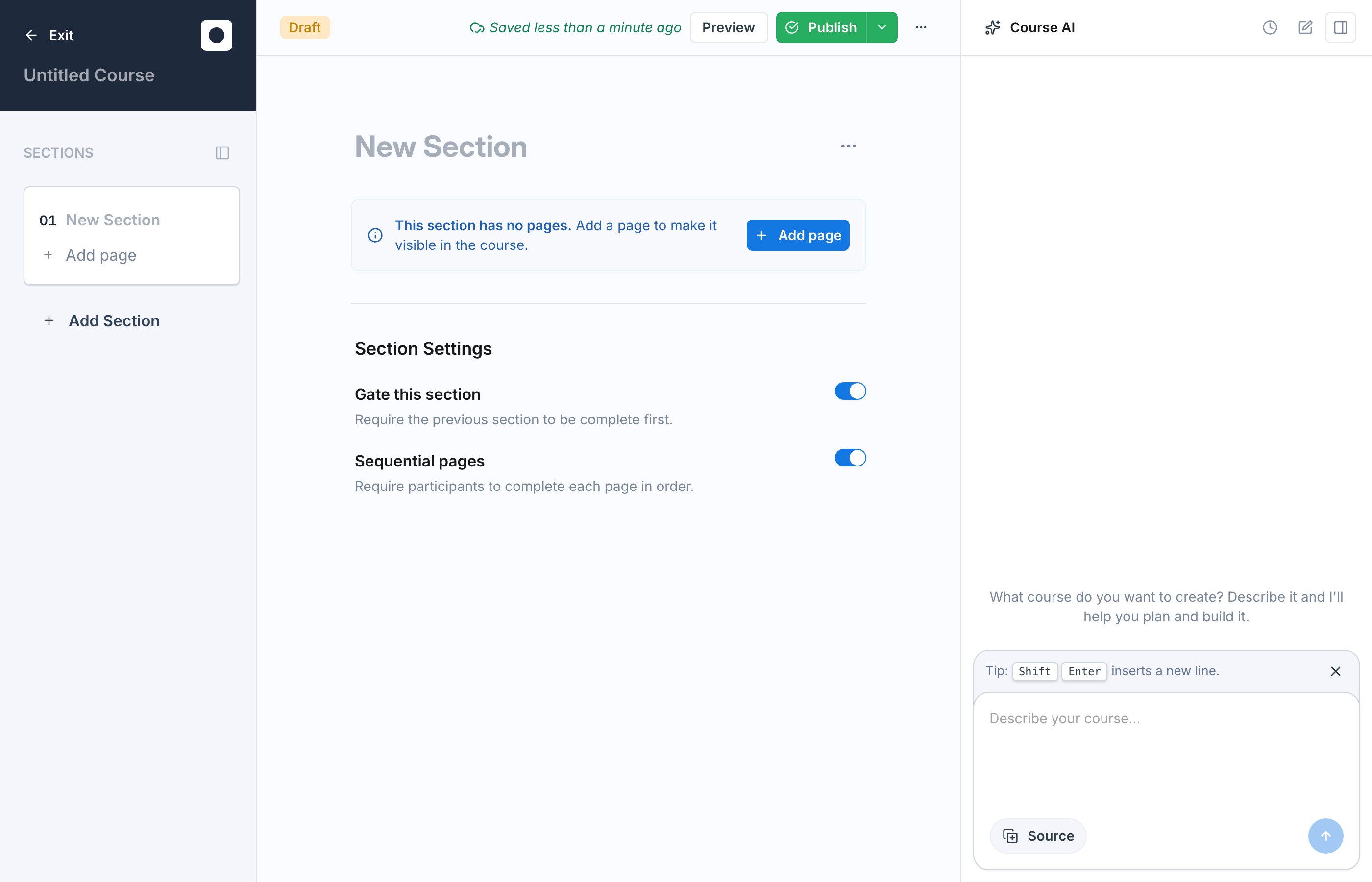 The Course AI studio, where you describe the course you want built
