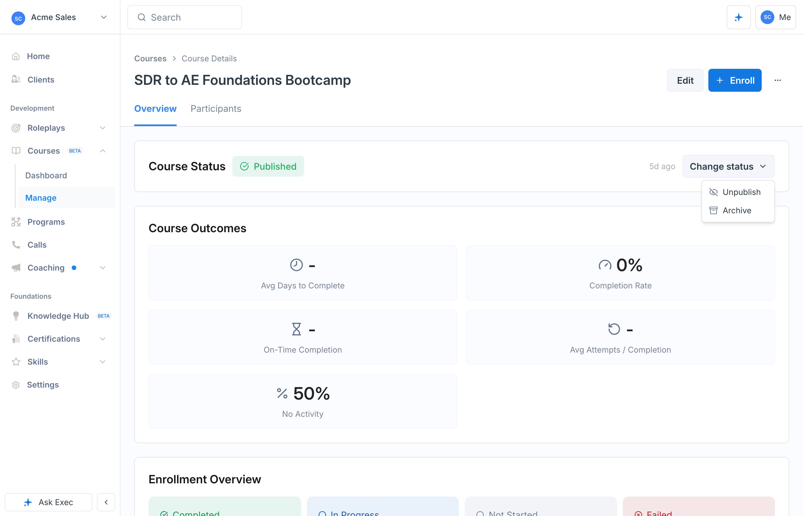The course's Course Status card with the Change status menu open, showing Unpublish and Archive