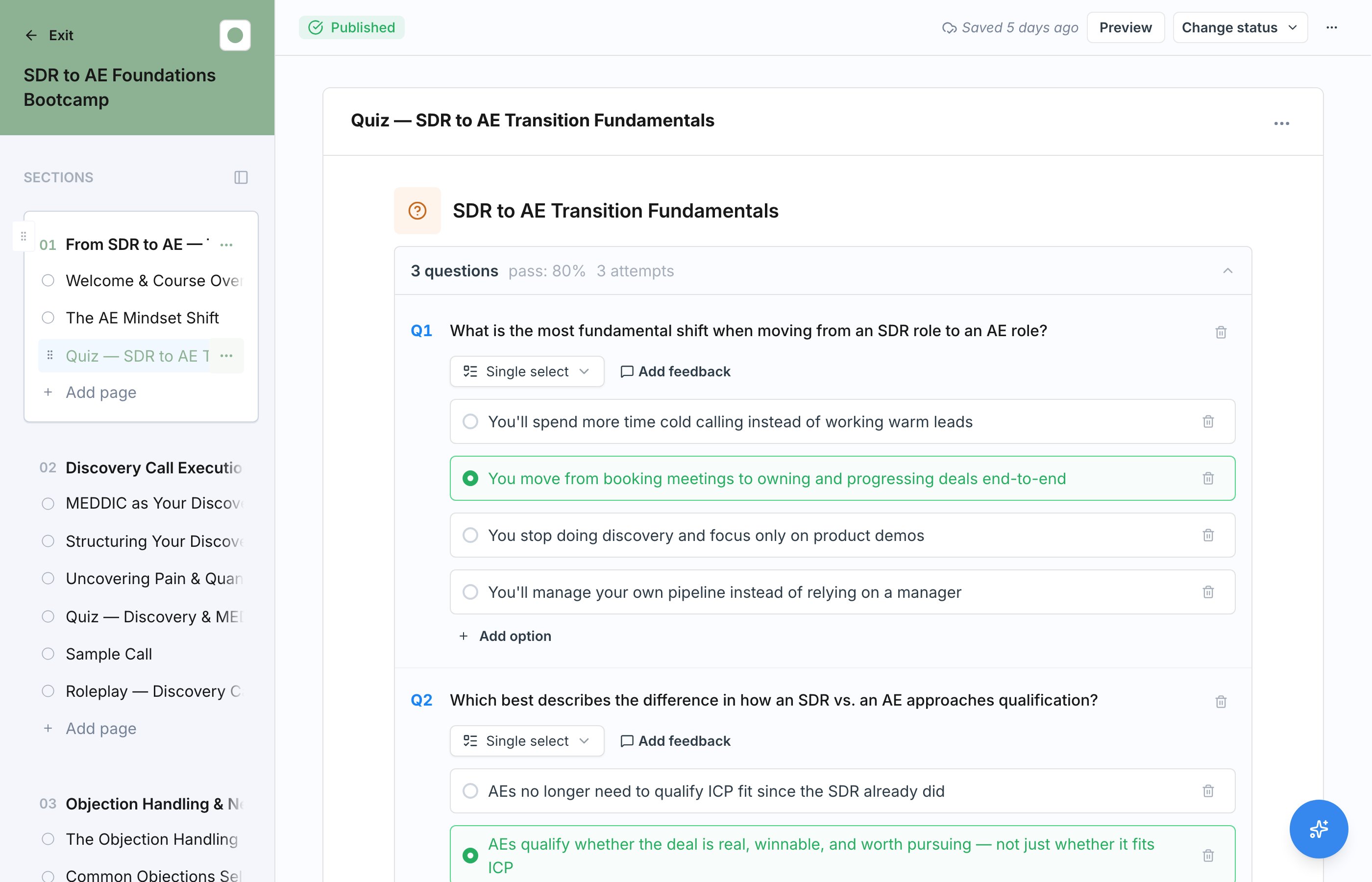 A Quiz block open in the course editor, showing its questions, answer options with the correct one marked, and the question count, passing score, and attempt limit