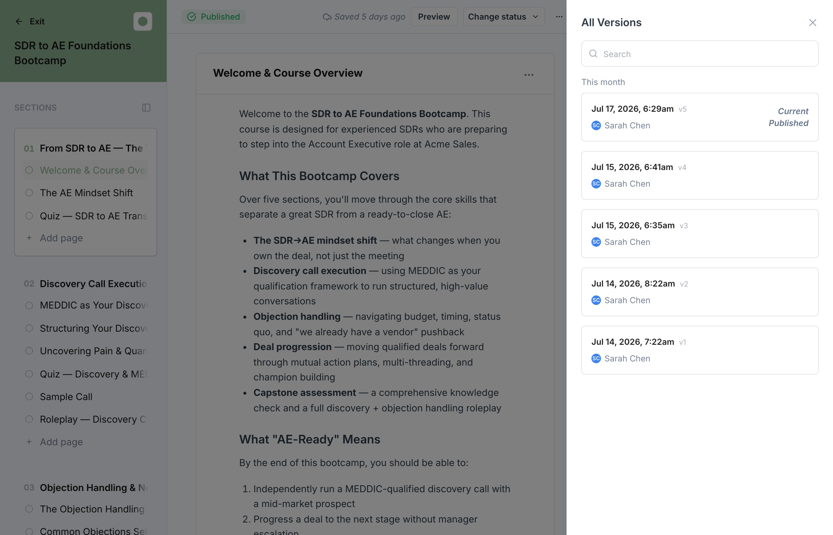 The version history panel listing every published version with its author and date