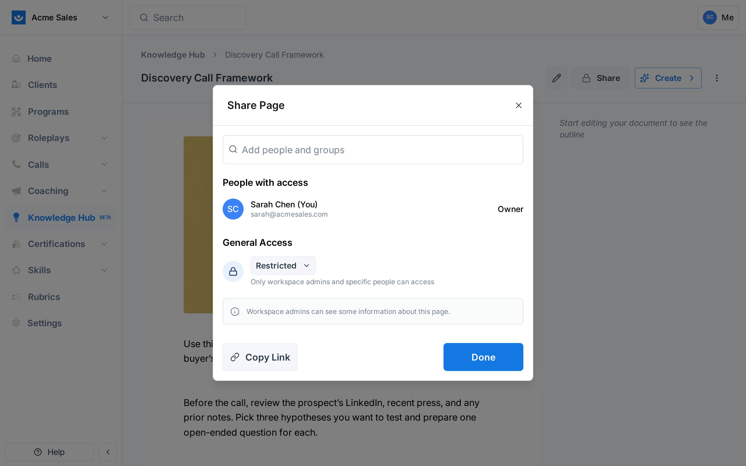 Share Page dialog showing the owner, general access settings, and a Copy Link button