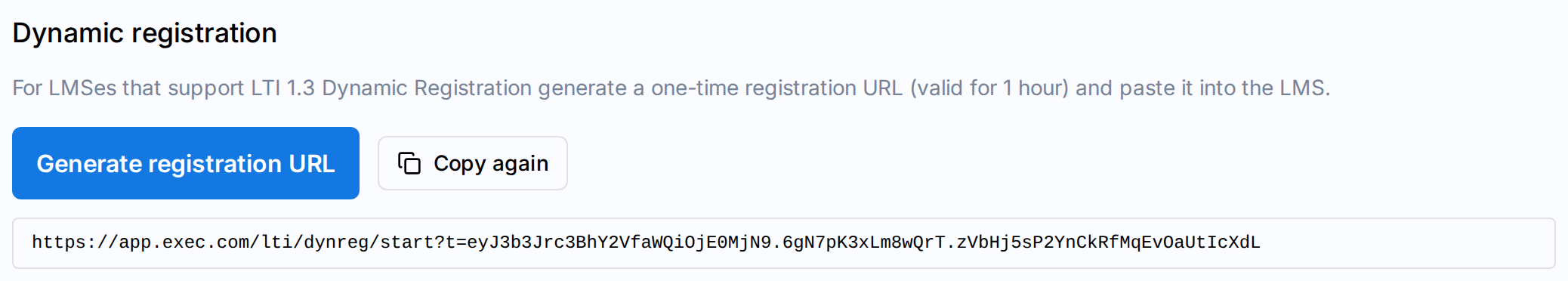 Dynamic registration section with the registration URL displayed below the button