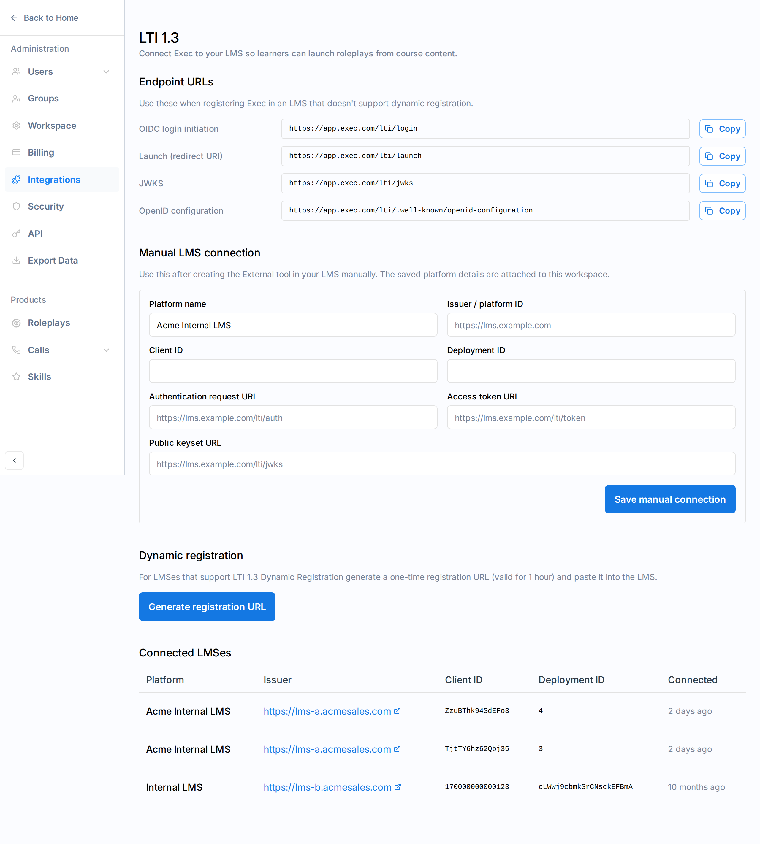 LTI settings page showing endpoint URLs, manual form, dynamic registration button, and connected LMSes table