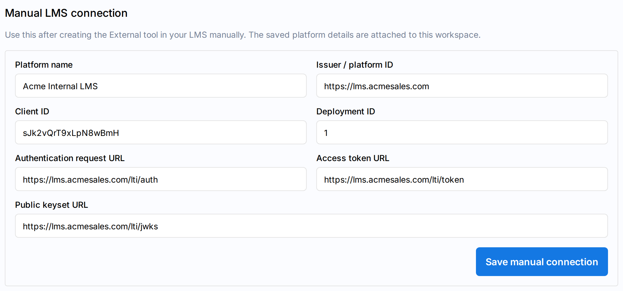 Manual LMS connection form with Platform name, Issuer, Client ID, Deployment ID, Authentication request URL, Access token URL, and Public keyset URL fields