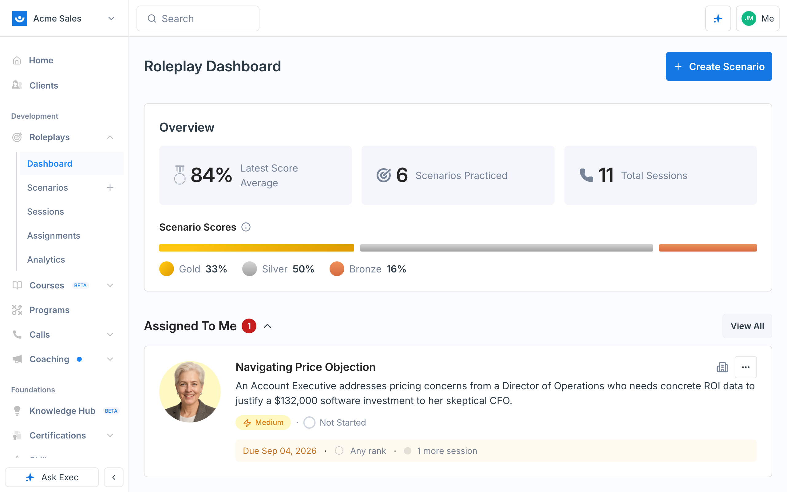 The Roleplays dashboard showing the Overview stats, the score distribution, and the Assigned To Me section