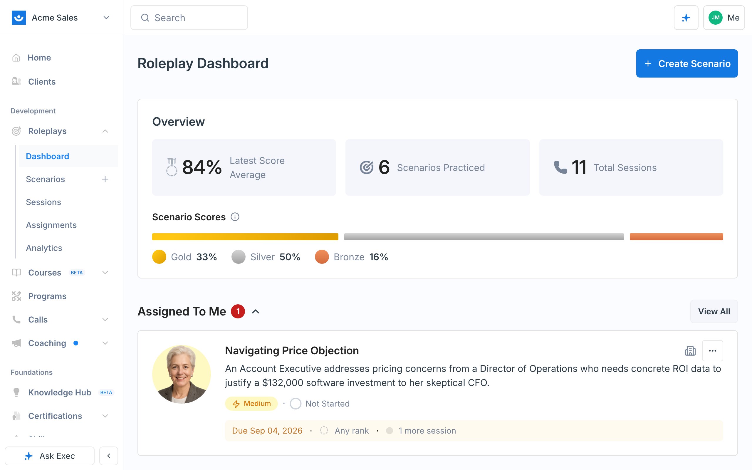 The Roleplays dashboard showing the Overview stats, the score distribution, and the Assigned To Me section